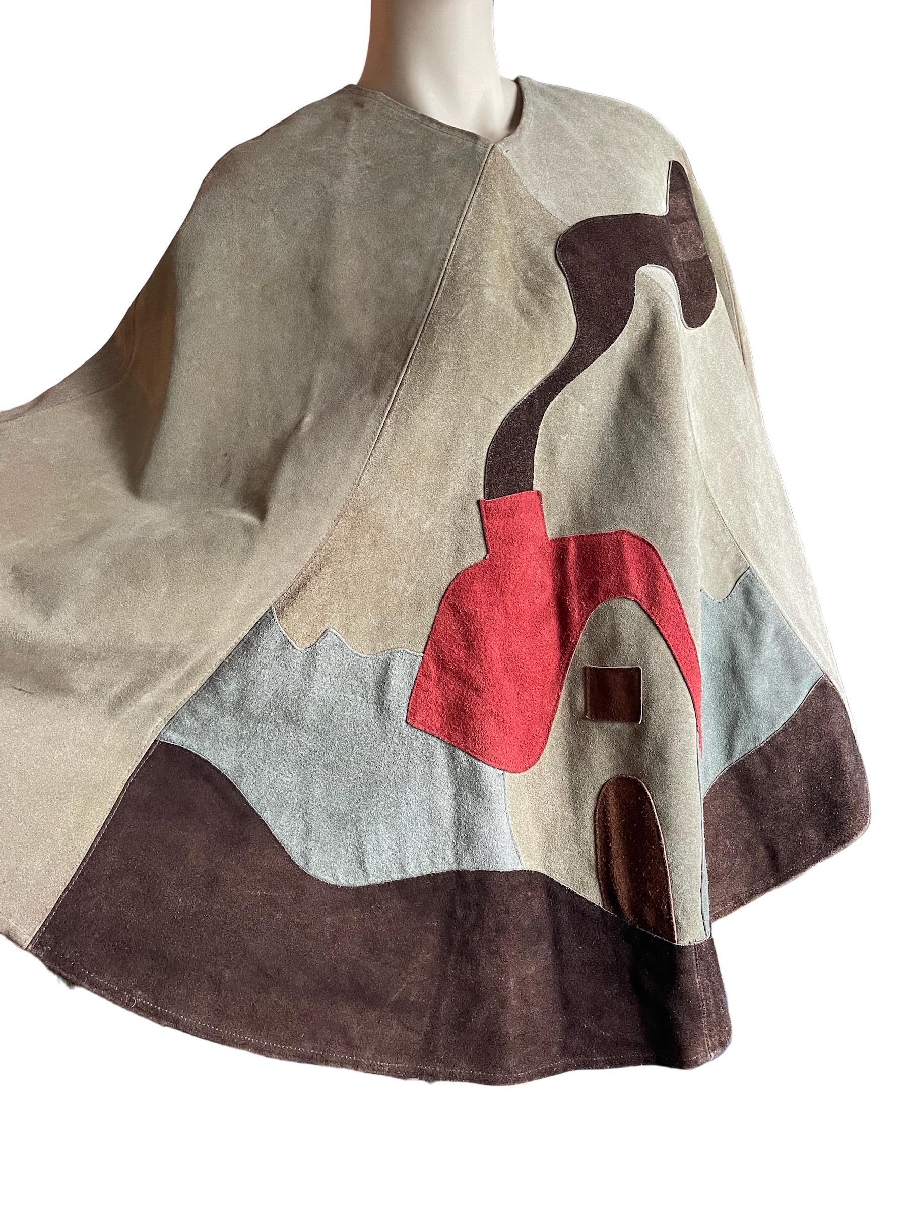 Women's or Men's 1970s Suede Patchwork Poncho 