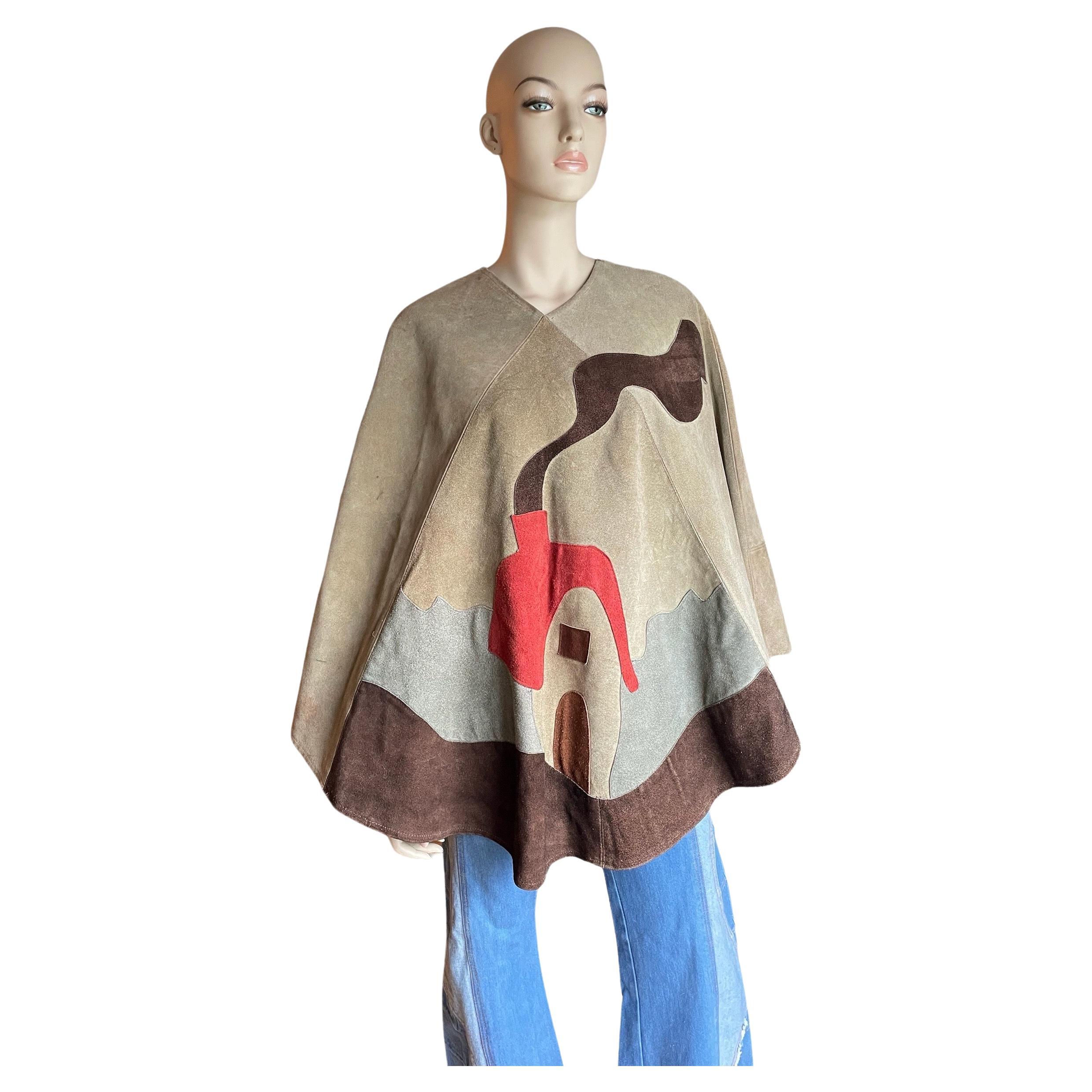1970s Suede Patchwork Poncho  For Sale