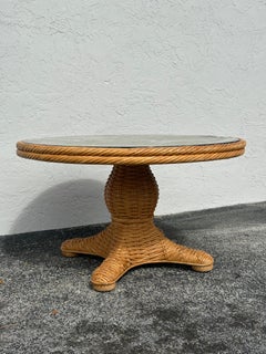 1970s Pedestal Sunburst Rattan Round Glass Top Dining Table