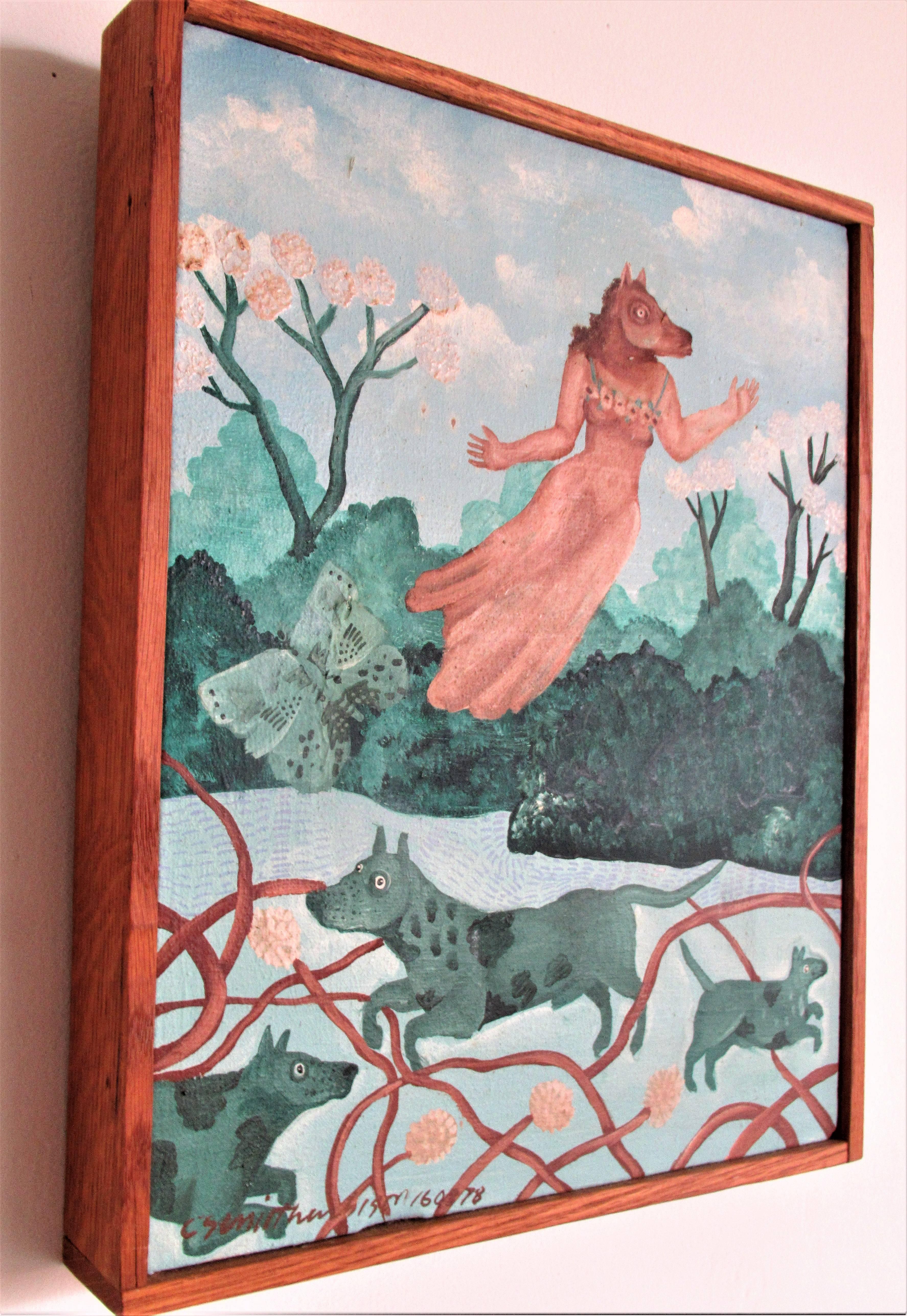 Surrealistic fantasy oil painting on canvas of a flying human animal horse wearing a dress / jumping dog creatures / butterfly all in an ethereal landscape with pond by acclaimed award winning Canada artist painter Catherine Senitt - Harbison -