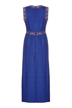 1970er Susan Small Blaues Seiden-Leinen Perlen Maxikleid