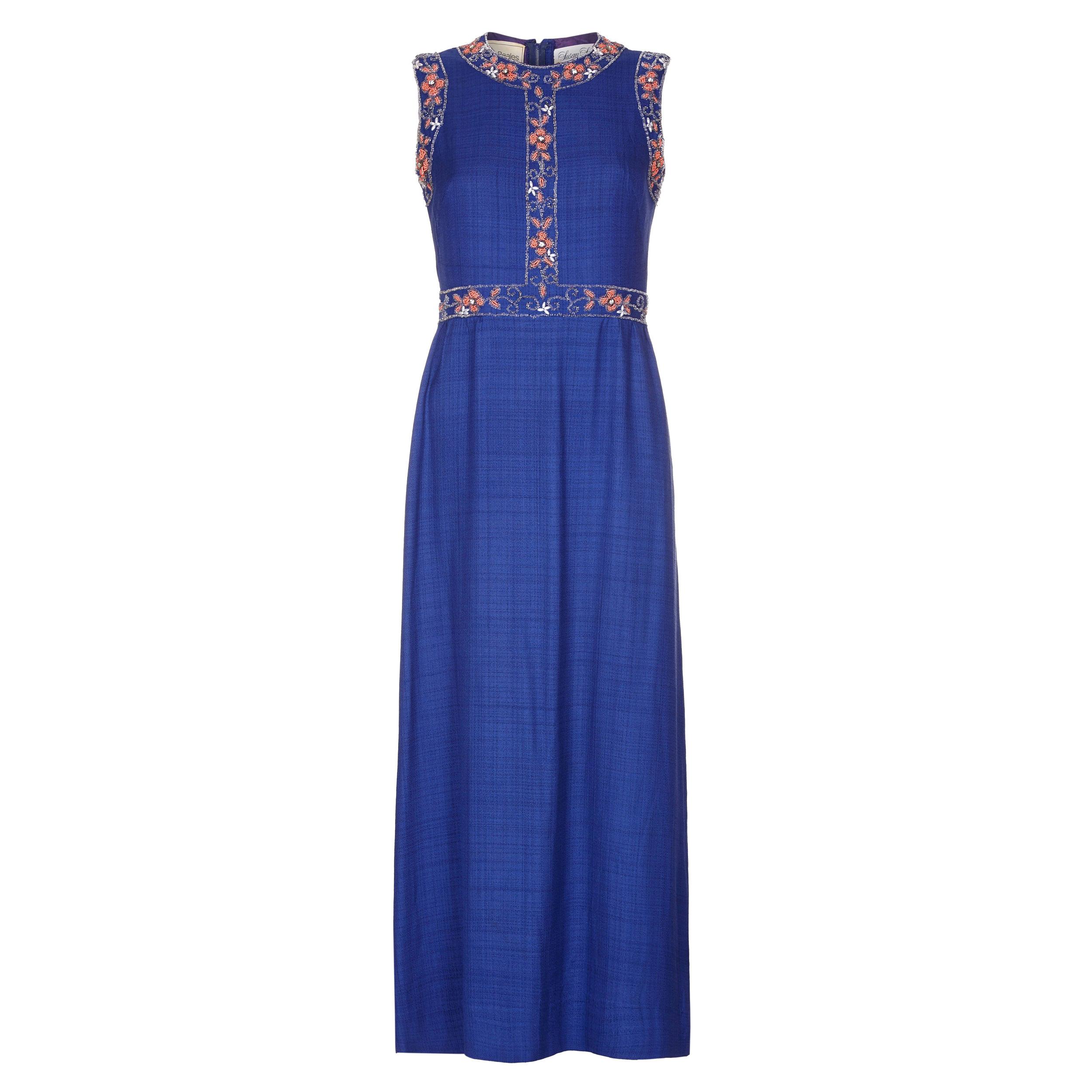 1970s Susan Small Blue Silk Linen Beaded Maxi Dress