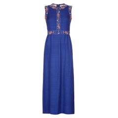 1970er Susan Small Blaues Seiden-Leinen Perlen Maxikleid
