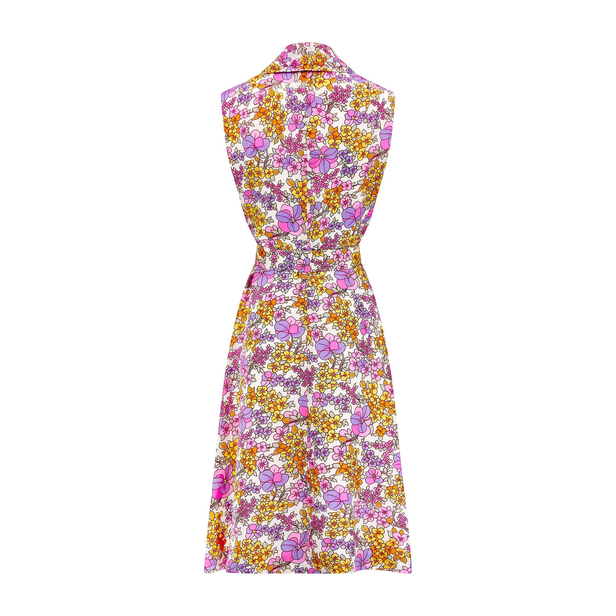 Vestido de seda con estampado floral psicodélico Susan Small, años 70 Beige en venta