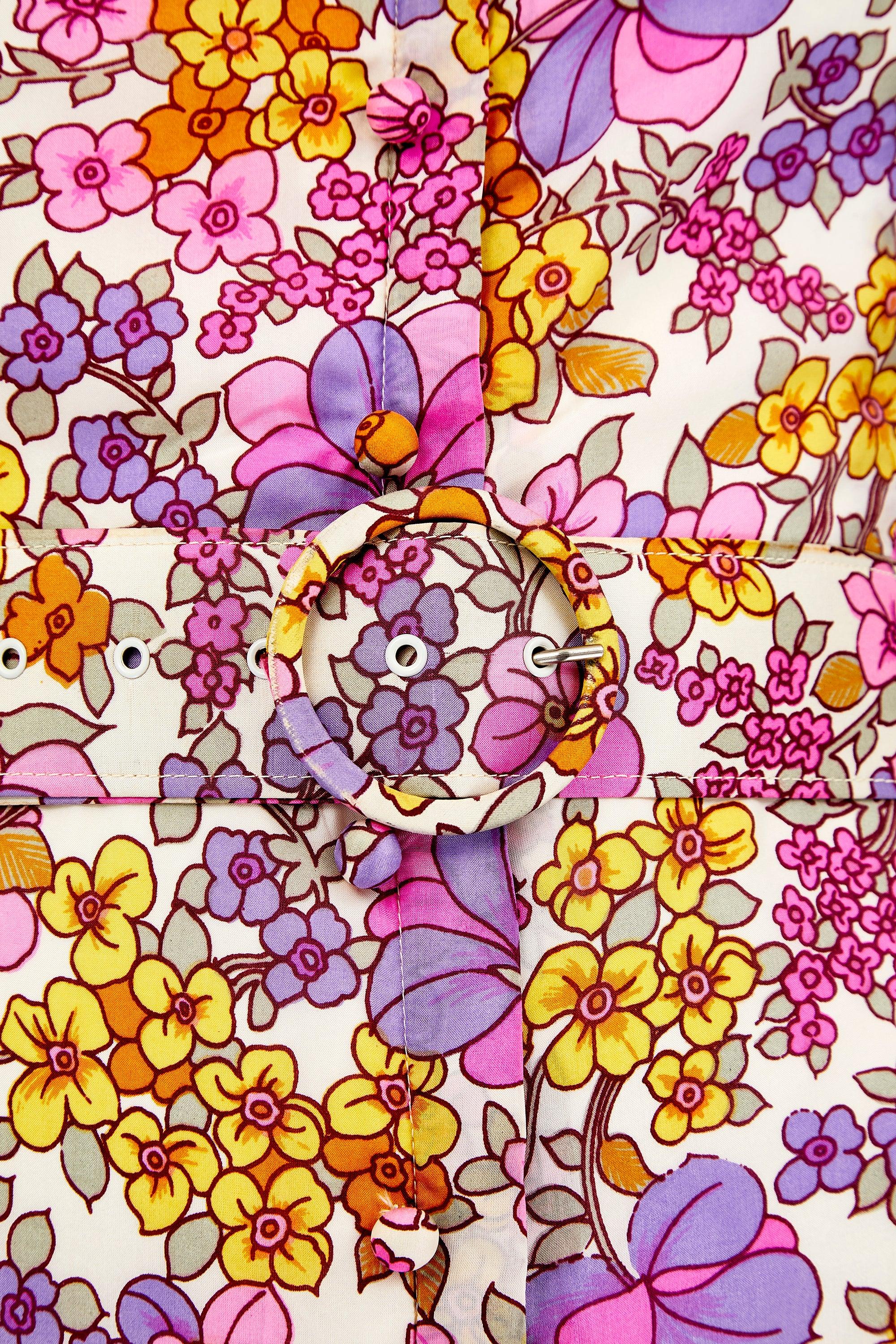 Vestido de seda con estampado floral psicodélico Susan Small, años 70 en Excelente estado para la venta en London, GB
