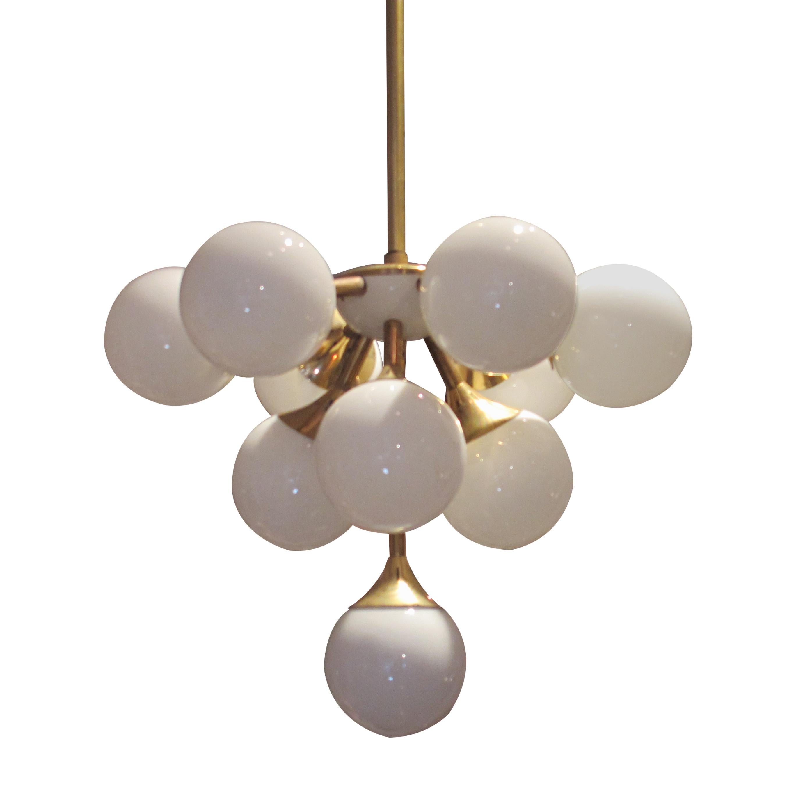 Mid-Century Modern 1970s Swedish Brass Chandelier with Opaline Glass Globes For Sale