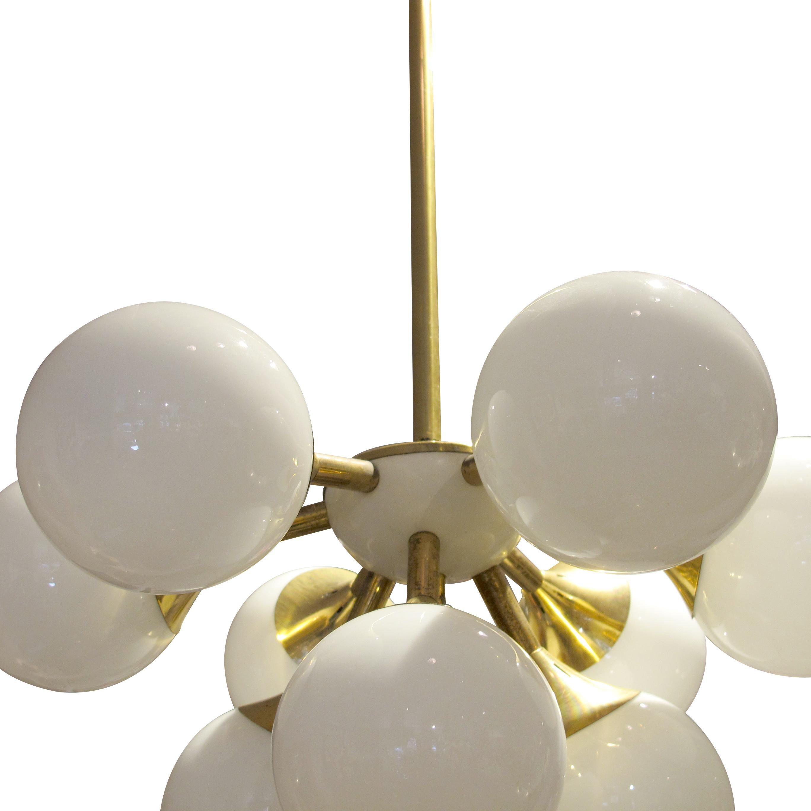 1970s Swedish Brass Chandelier with Opaline Glass Globes In Good Condition For Sale In London, GB