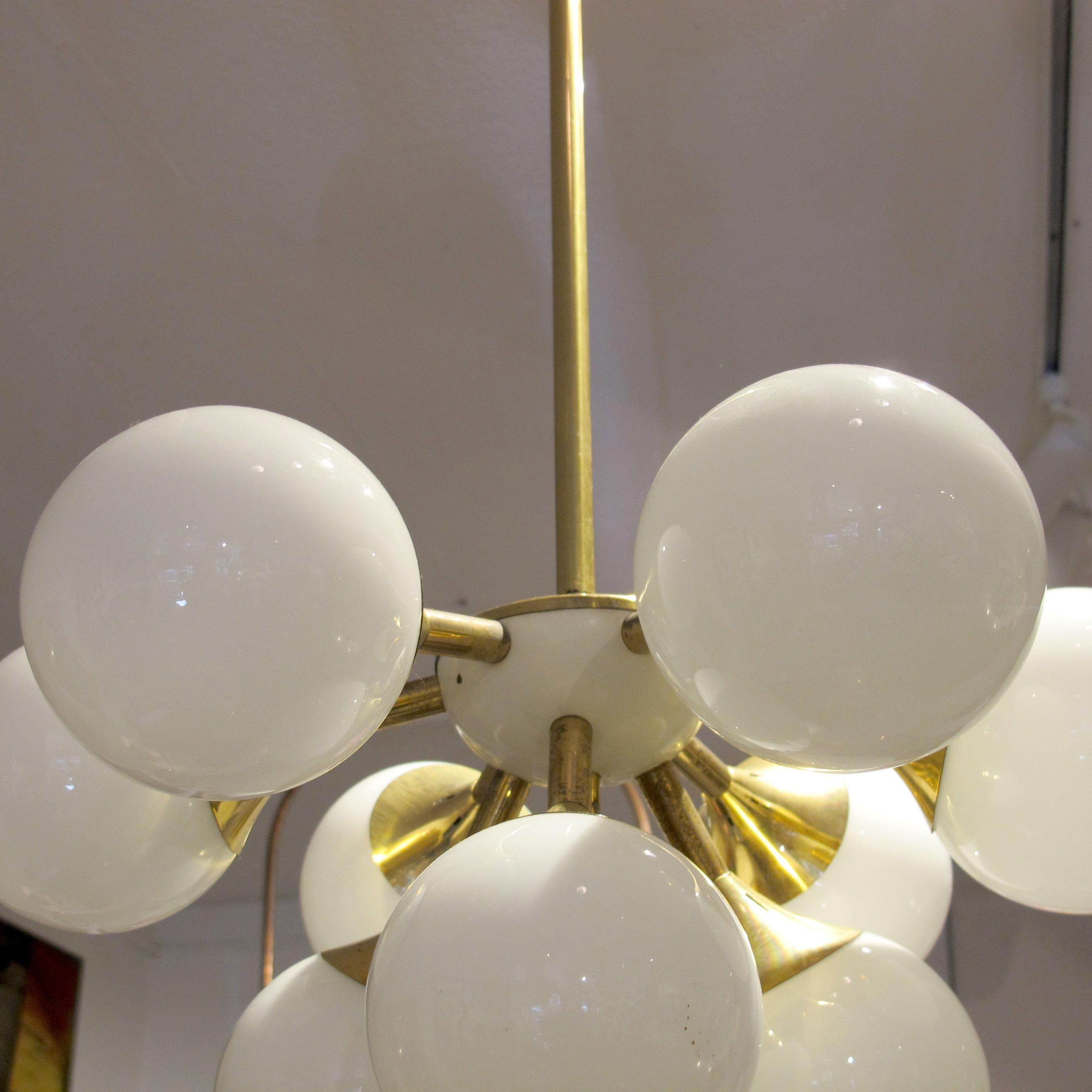 Late 20th Century 1970s Swedish Brass Chandelier with Opaline Glass Globes For Sale