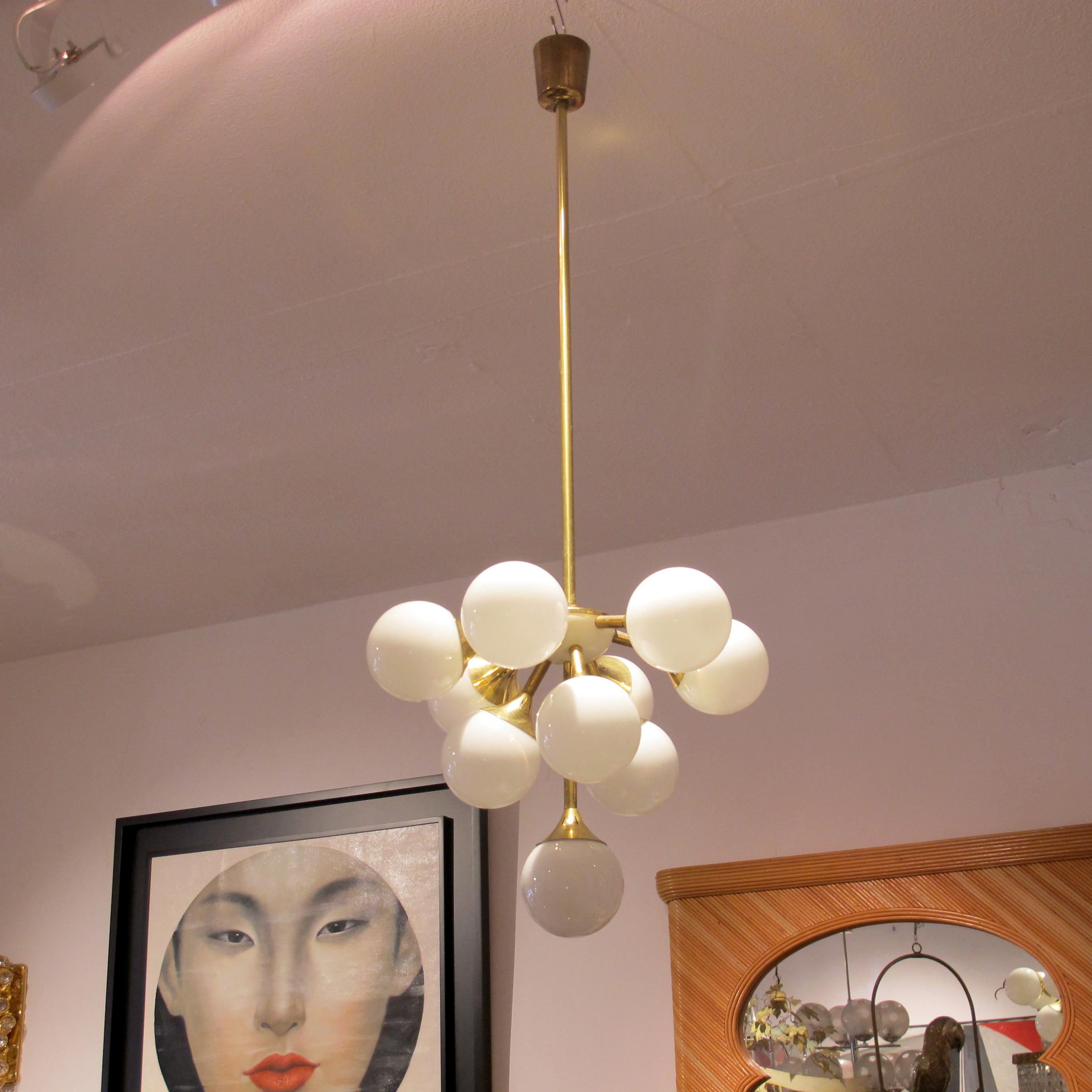 1970s Swedish Brass Chandelier with Opaline Glass Globes For Sale 1