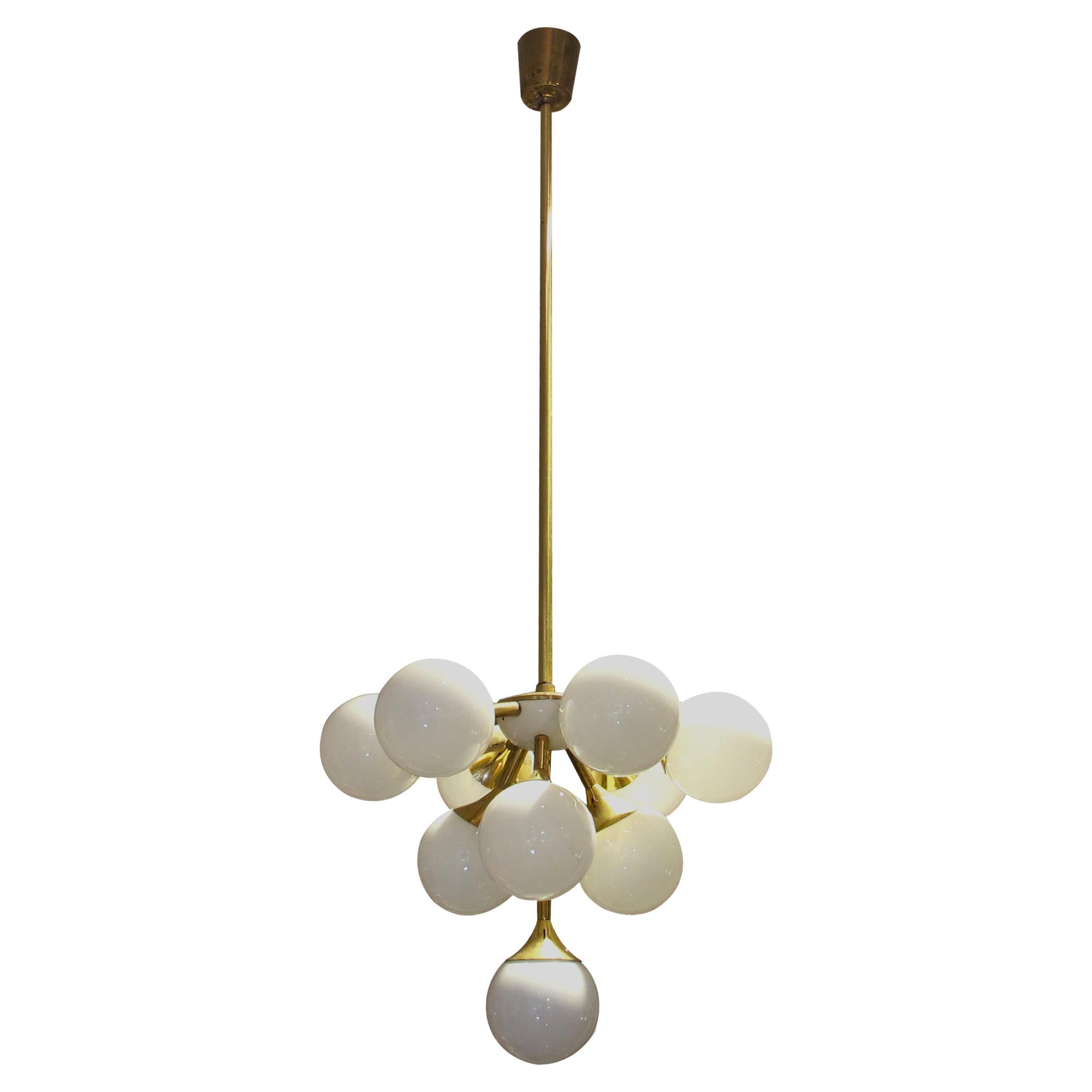 1970s Swedish Brass Chandelier with Opaline Glass Globes