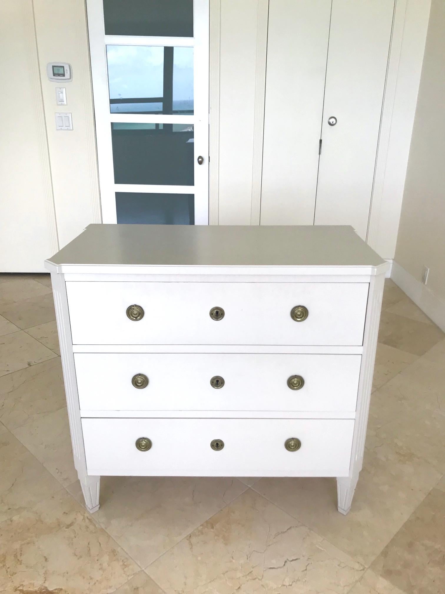 Nickel 1970's Swedish Chest of Drawers in Hand Painted Ivory Wood