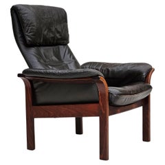 Années 1970, design suédois de Göte Möbler, chaise de salon réglable, cuir marron.