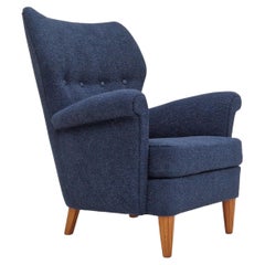 1970s, Swedish Design, Refurbished High-Back Armchair, Dark Blue Fabric