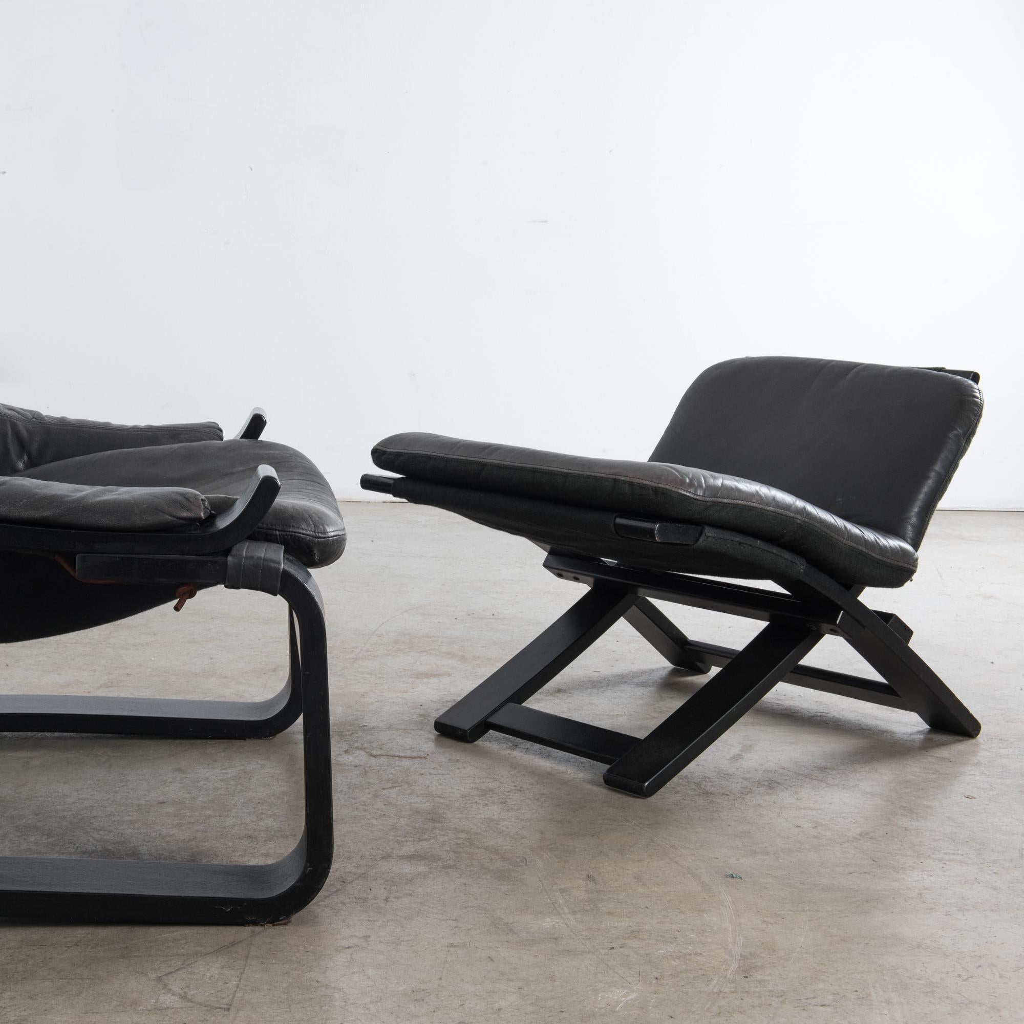 1970s Swedish Kroken Black Leather Armchair and Ottoman by Ake Fribytter 12