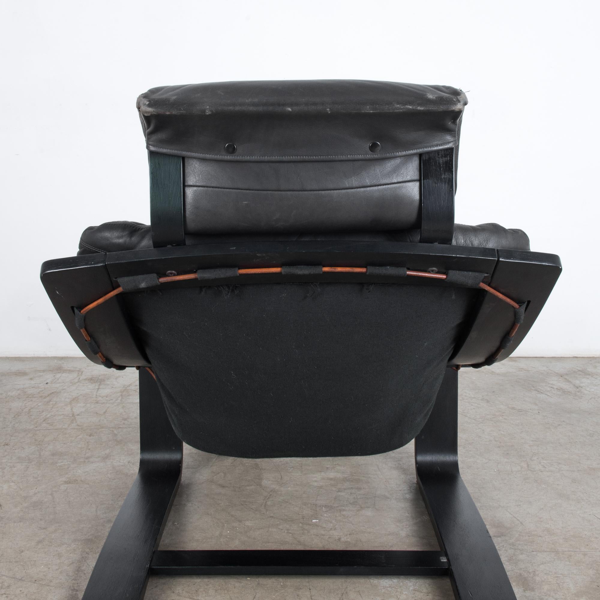 1970s Swedish Kroken Black Leather Armchair and Ottoman by Ake Fribytter 3