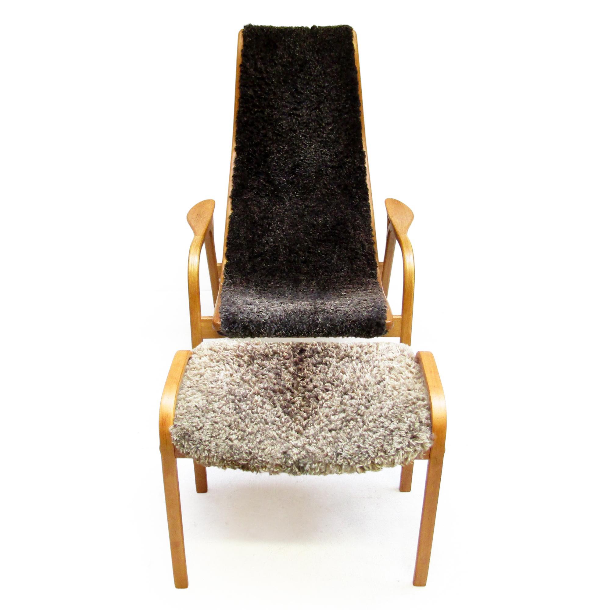Mid-Century Modern 1970s Swedish Lamino Chair & Ottoman in Sheepskin by Yngve Ekstrom for Swedese For Sale