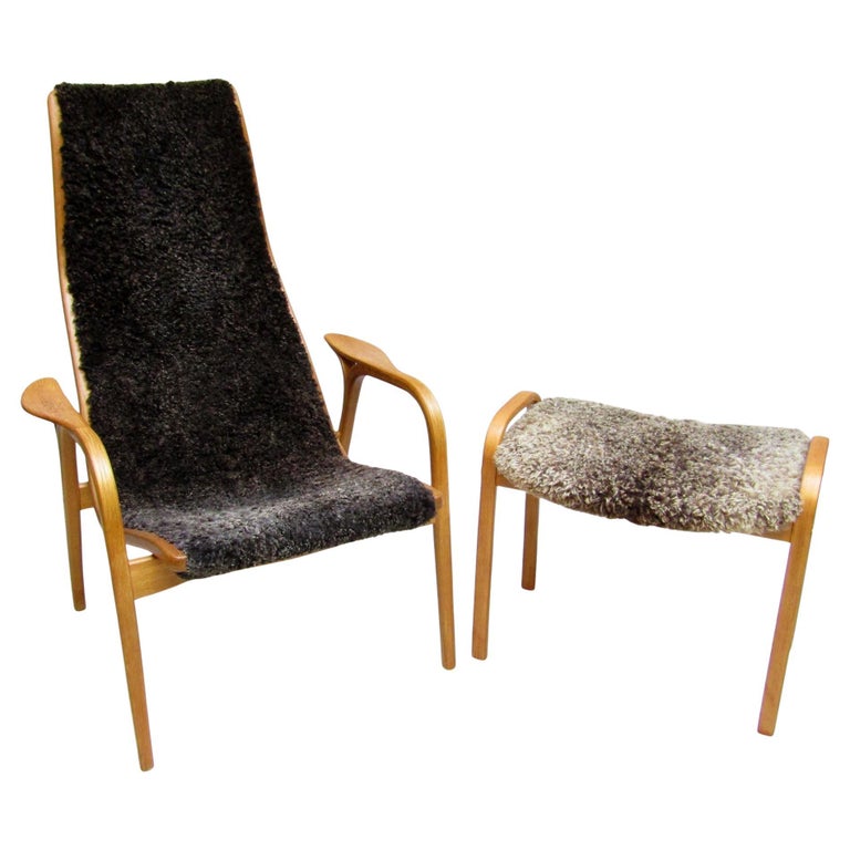 1970s Swedish Lamino Chair and Ottoman in Sheepskin by Yngve