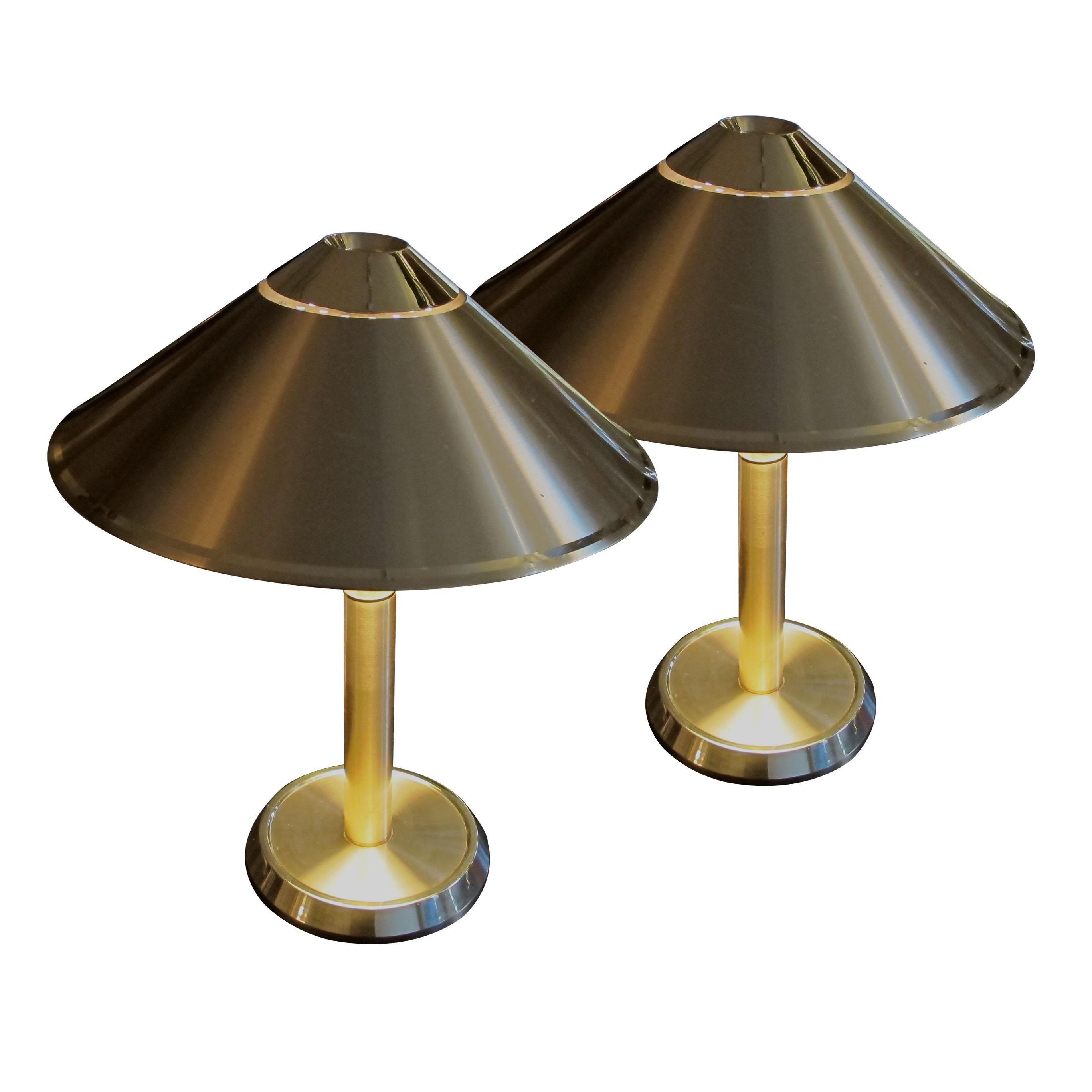 Mid-Century Modern 1970s Swedish Large Pair Of Brass Table Lamps With Cone Shaped Shades For Sale