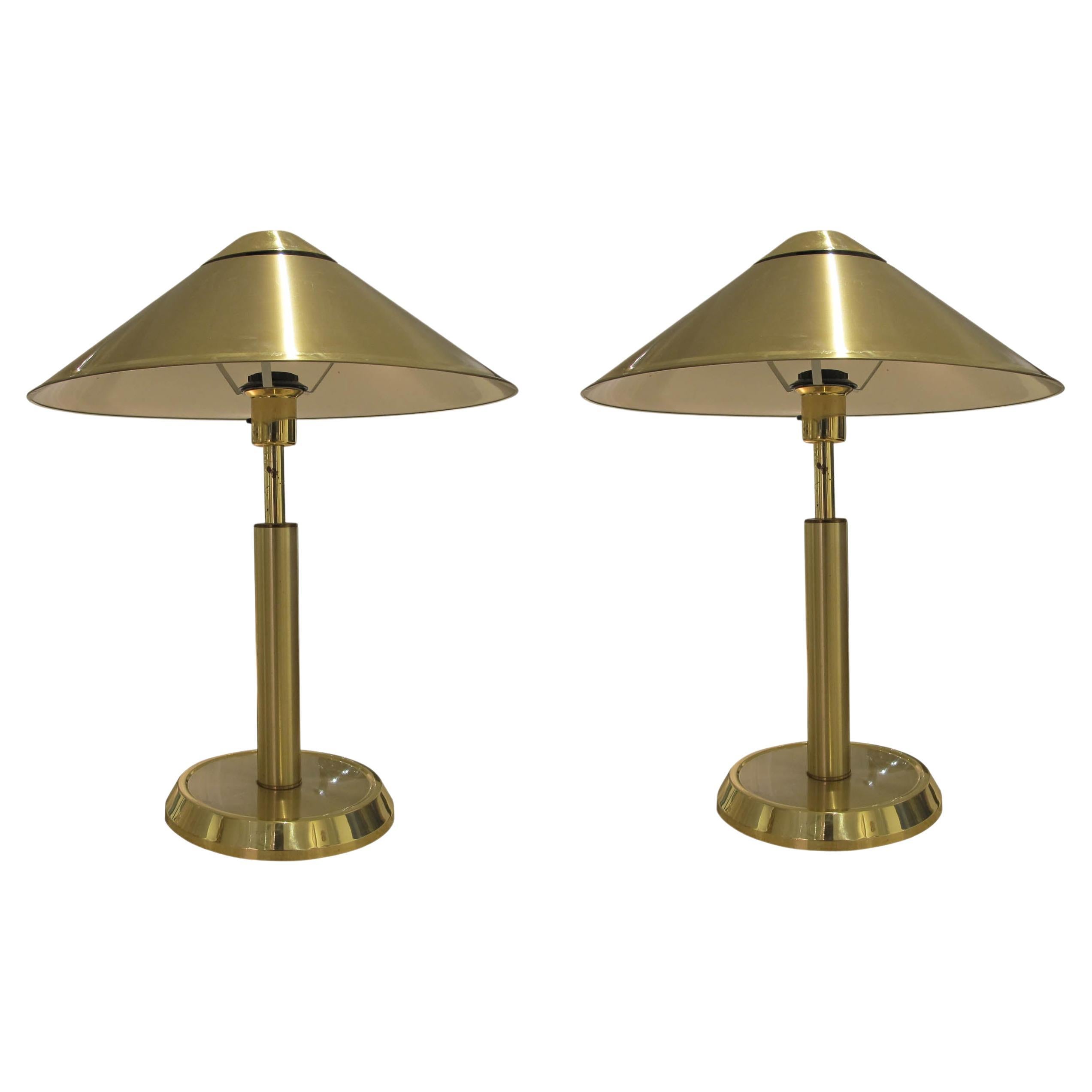 1970s Swedish Large Pair Of Brass Table Lamps With Cone Shaped Shades