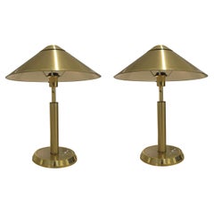 Vintage 1970s Swedish Large Pair Of Brass Table Lamps With Cone Shaped Shades