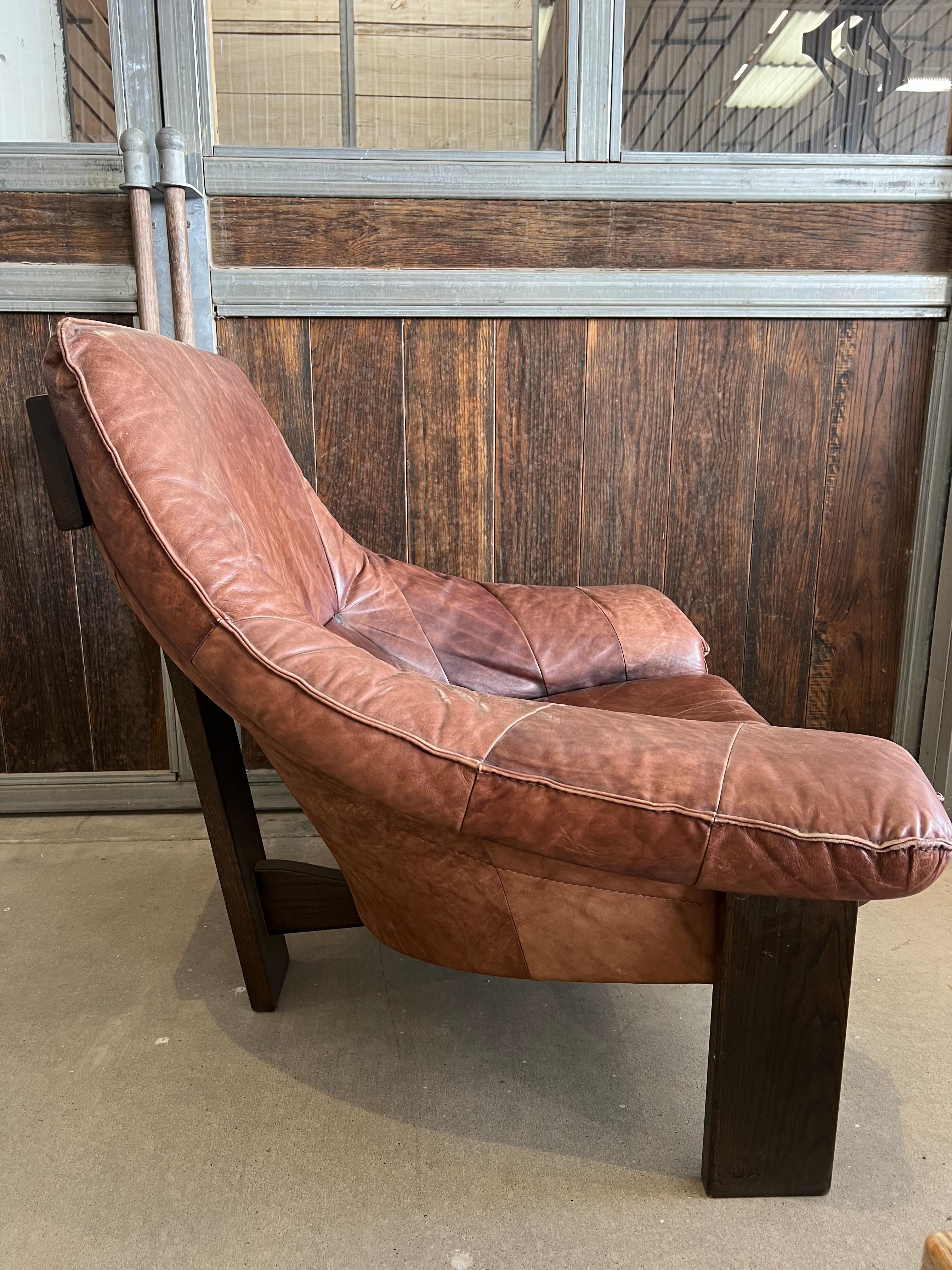 Post-Modern 1970’s Swedish Leather And Wood Lounge Chair For Sale