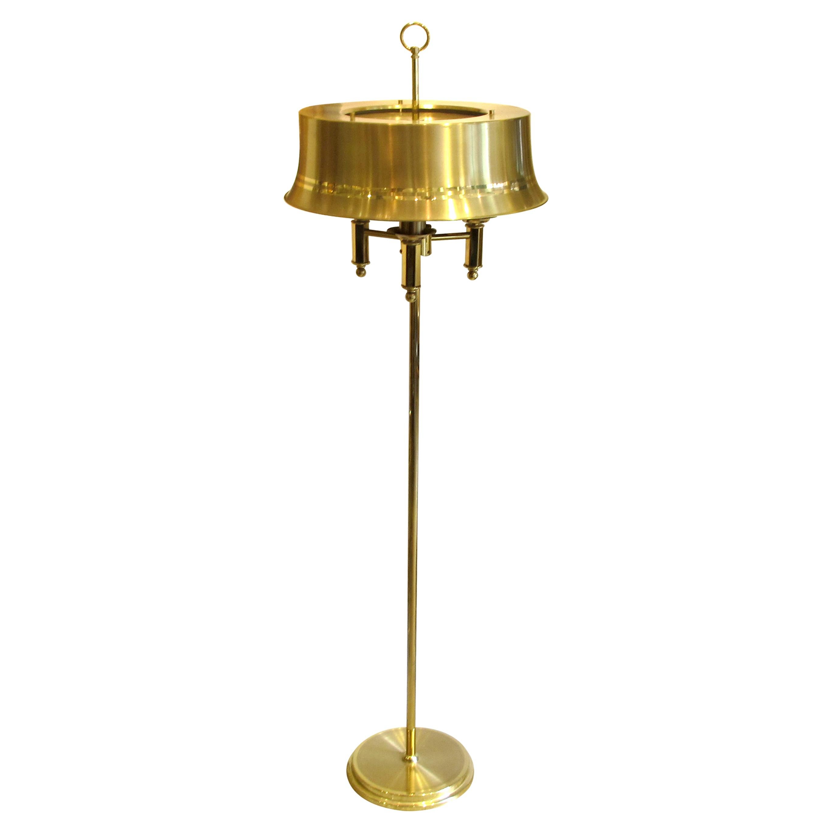 1970s Swedish, Neoclassical English style very elegant pair of brass floor lamps. Each large hat-shaped lamp boasts three light bulbs to achieve warm and beautiful lighting. The floor lamps are in great condition with minor wear on the shades and