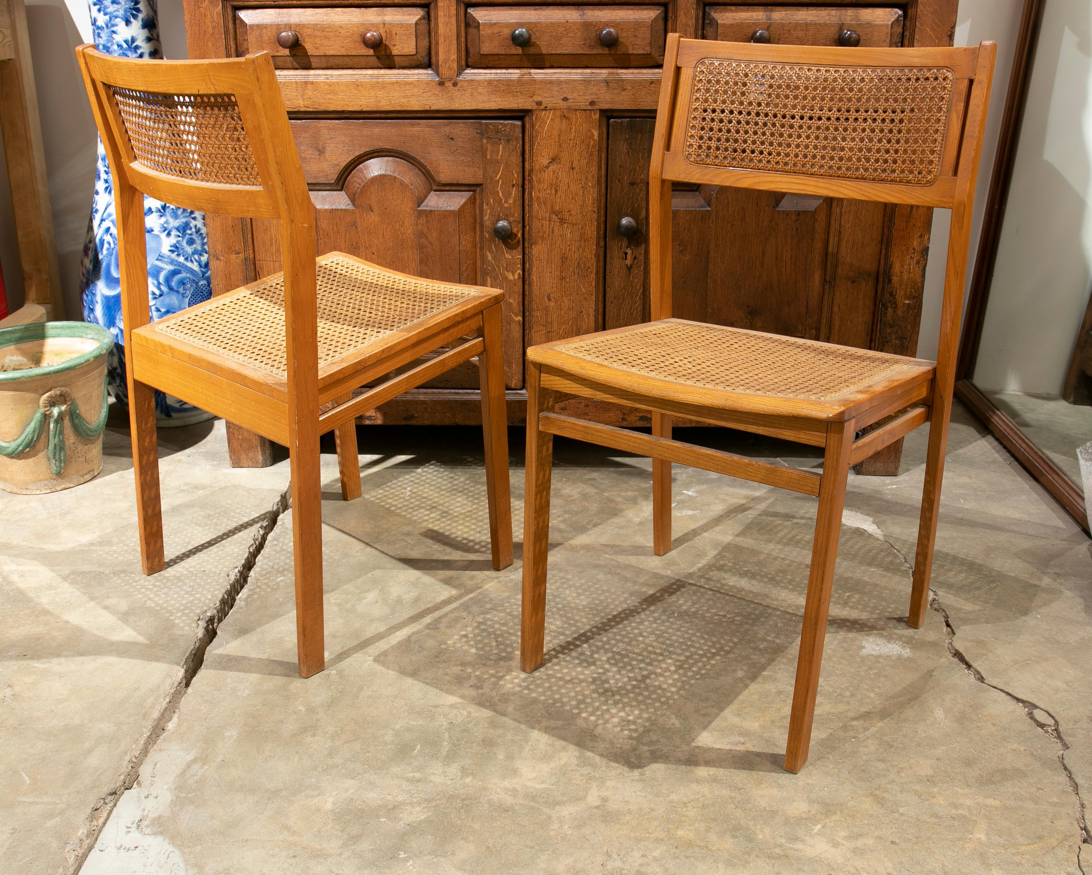 1970s Swedish Pair of Wooden Chairs with Wicker Seat and Back For Sale 6