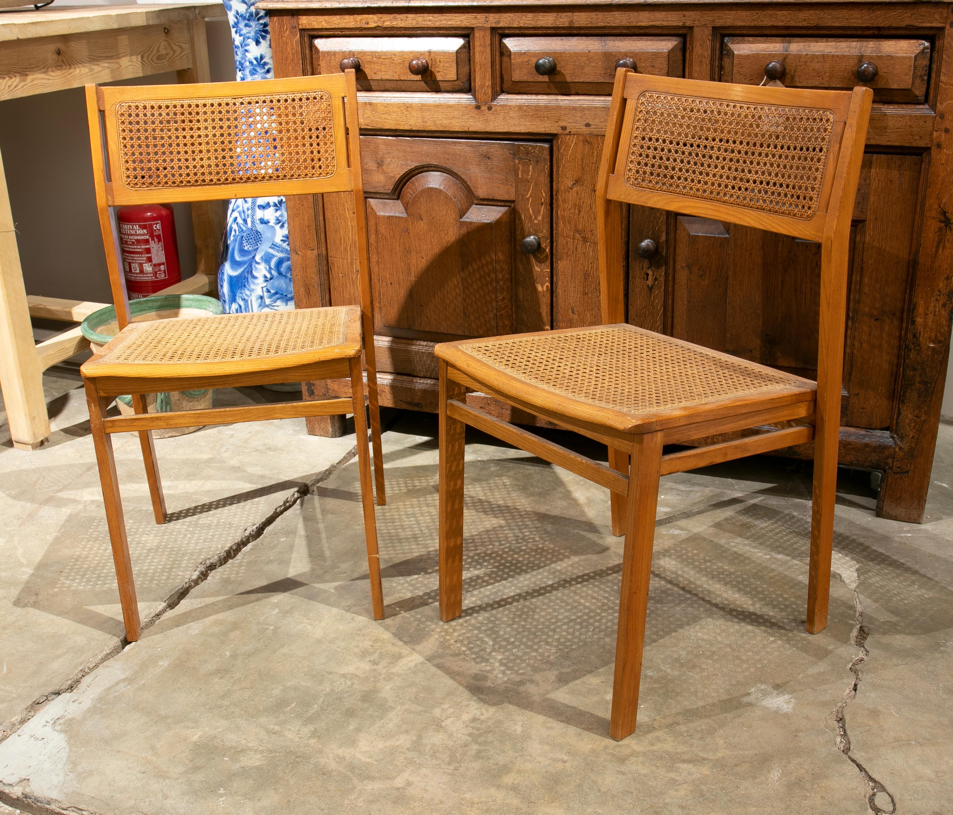 1970s Swedish Pair of Wooden Chairs with Wicker Seat and Back For Sale 8
