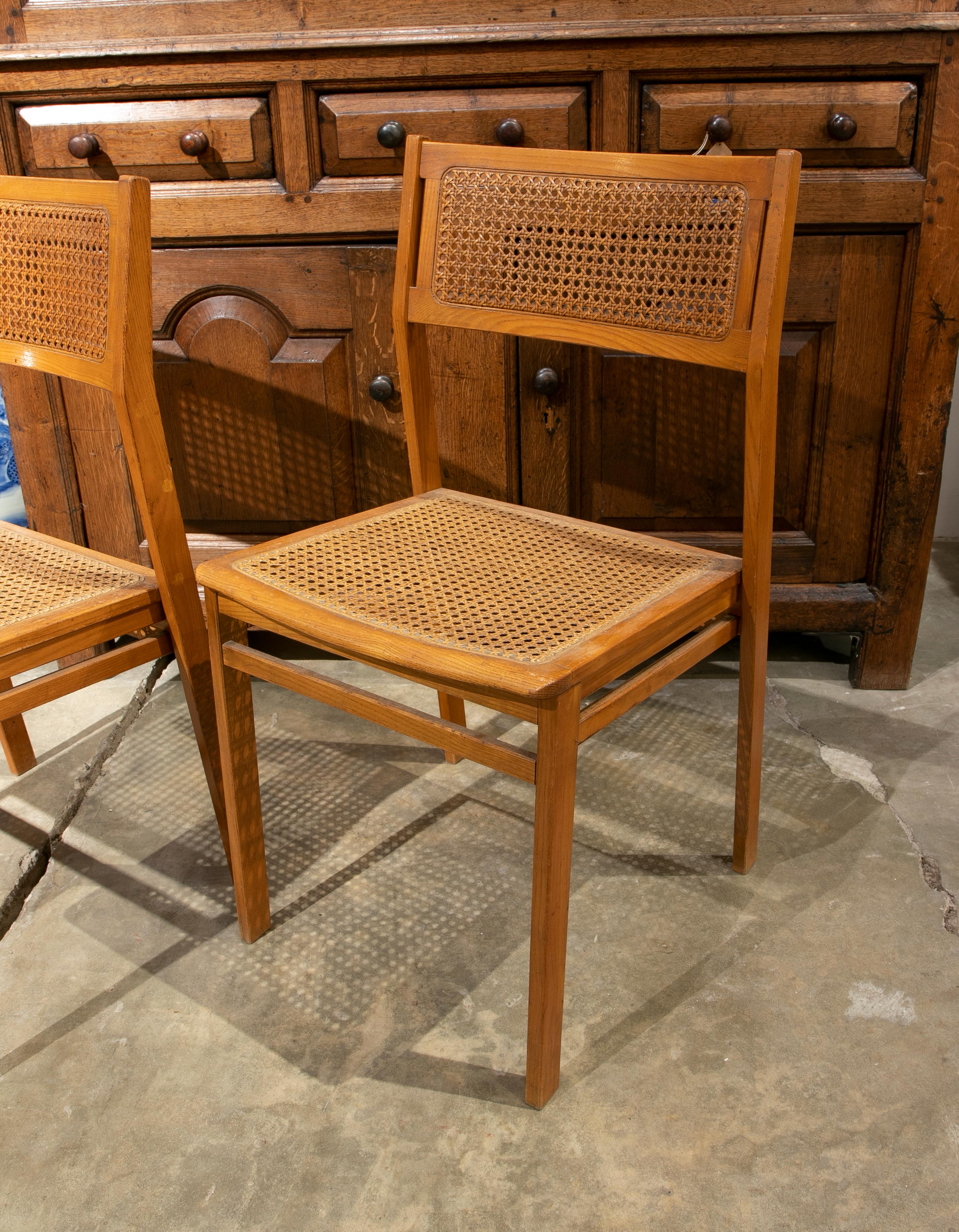 1970s Swedish Pair of Wooden Chairs with Wicker Seat and Back In Good Condition For Sale In Marbella, ES