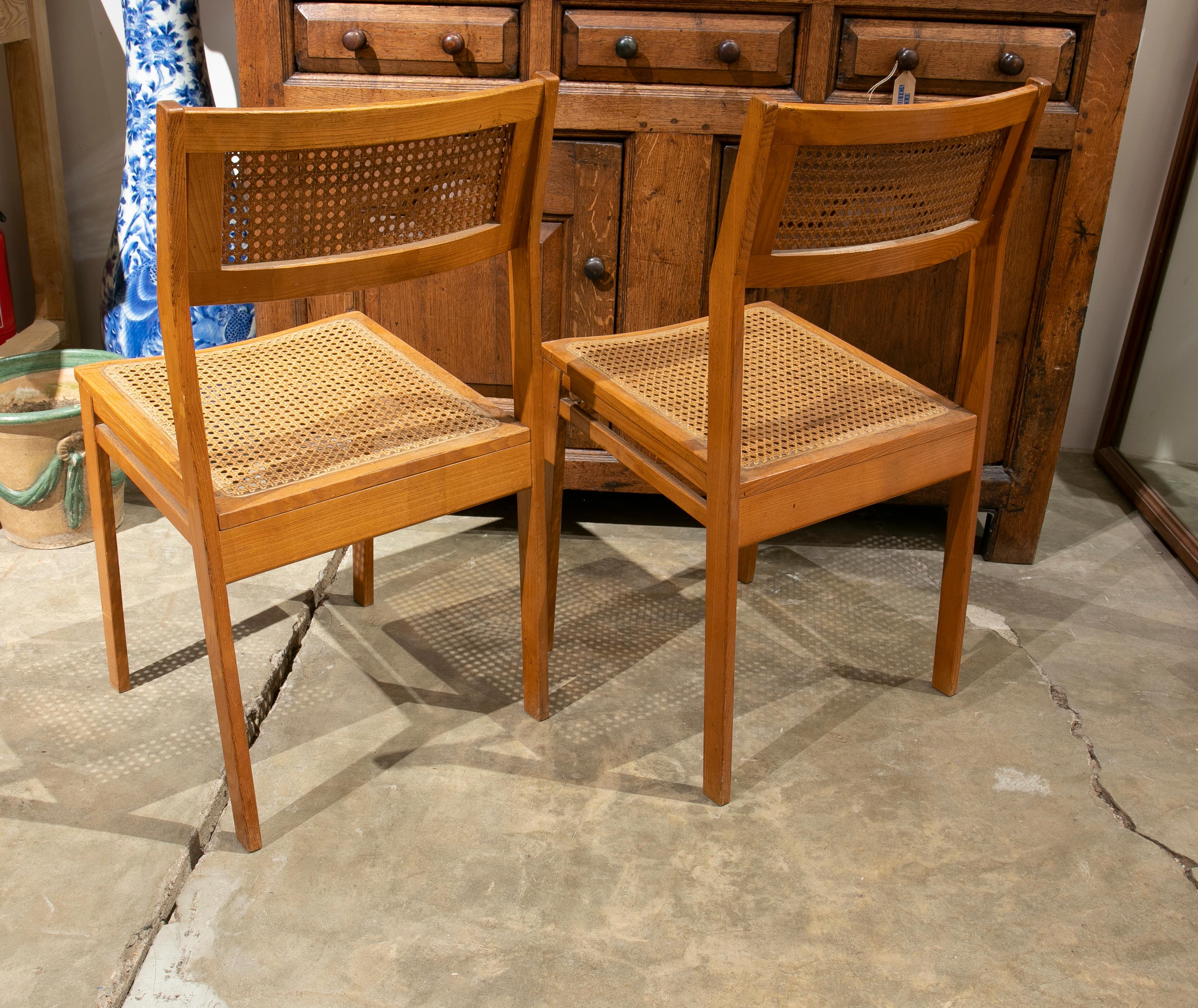 20th Century 1970s Swedish Pair of Wooden Chairs with Wicker Seat and Back For Sale