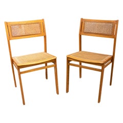 1970s Swedish Pair of Wooden Chairs with Wicker Seat and Back