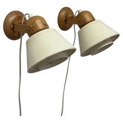 1970s Swedish Pine and Fabric Wall Lights Solbackens Svarveri - A Pair