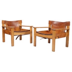 1970s Swedish Pine and Tan Leather Armchairs by Karin Mobring.