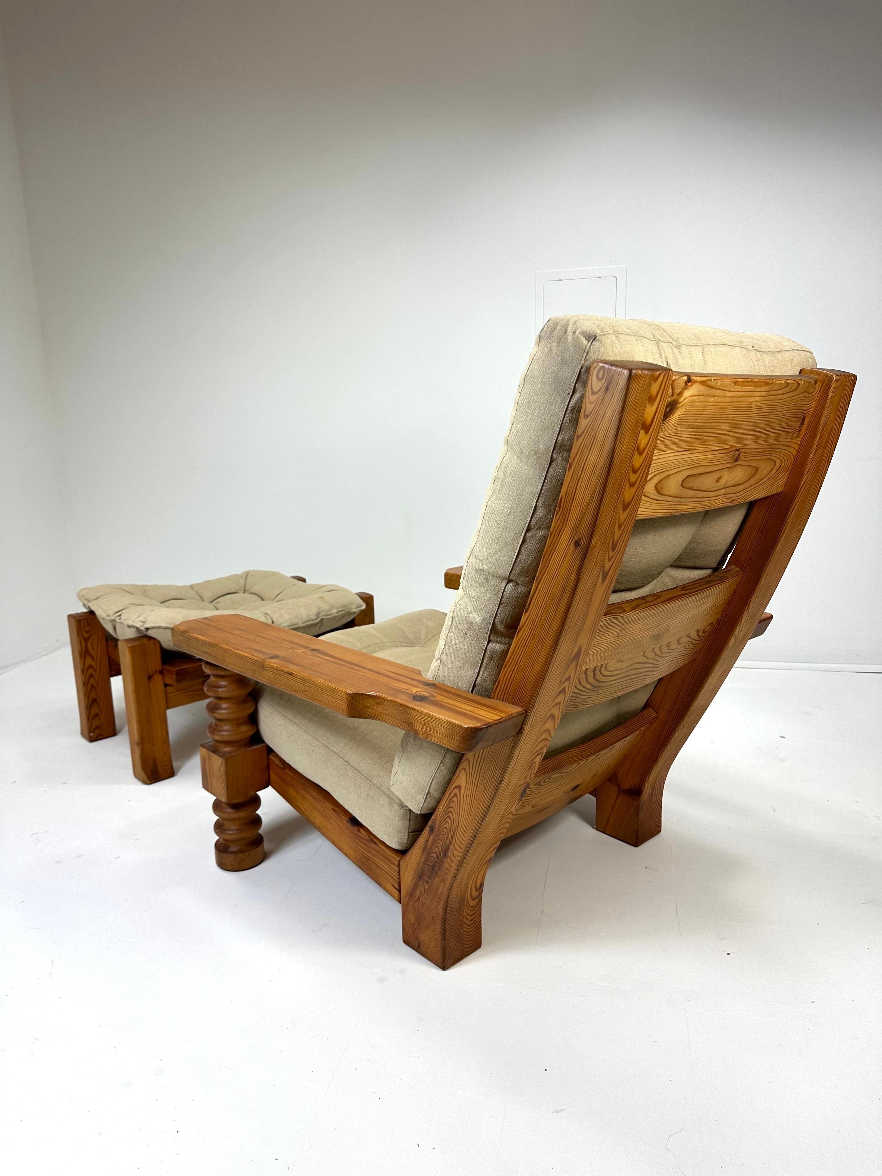 Scandinavian Modern 1970s Swedish Pine Chair and Ottoman For Sale