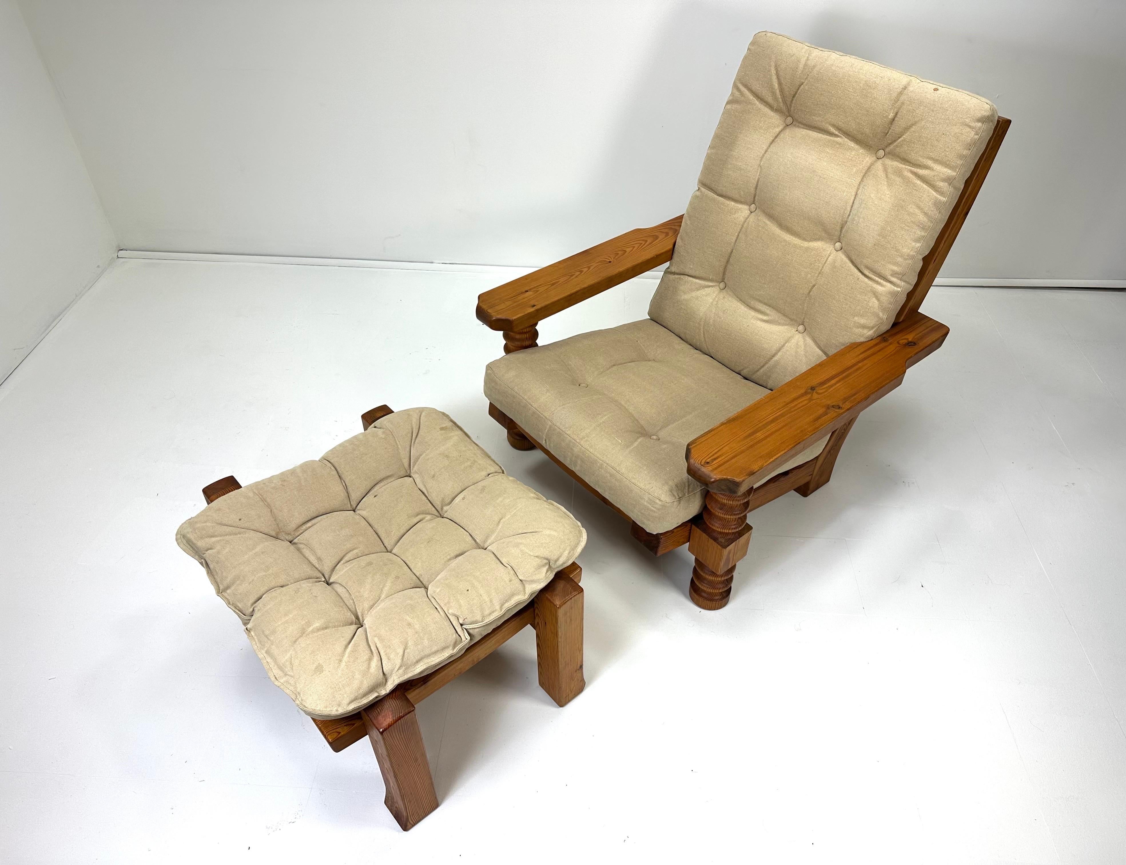 20th Century 1970s Swedish Pine Chair and Ottoman For Sale