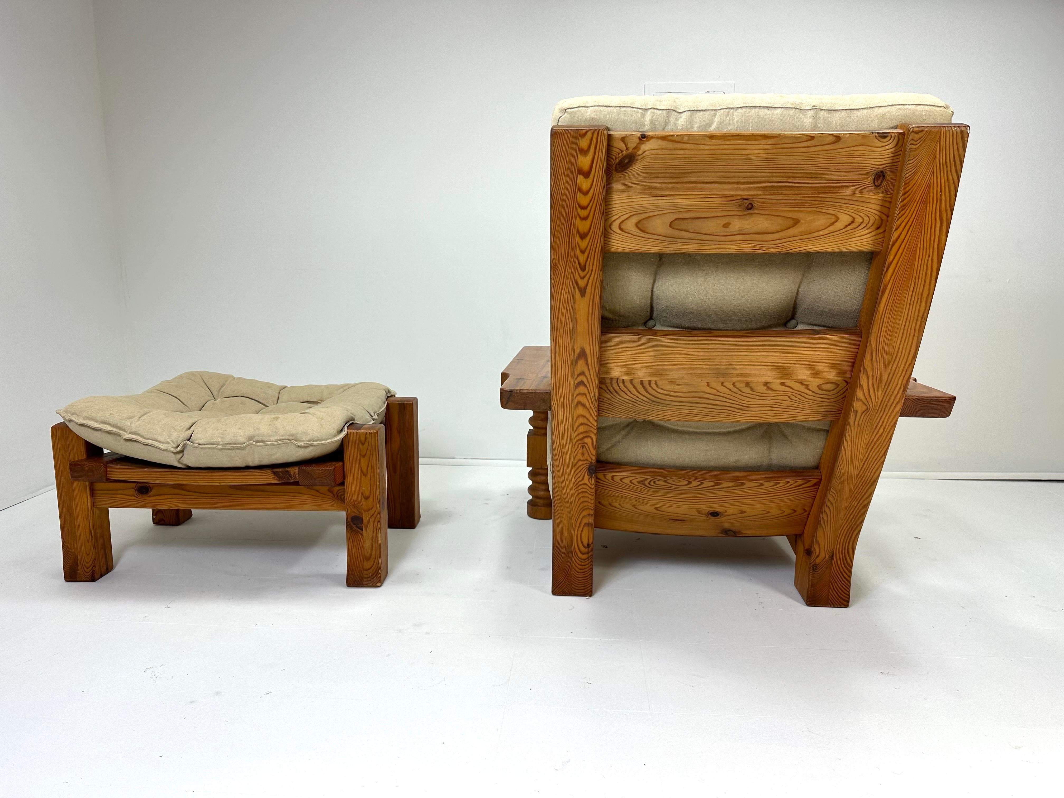 Upholstery 1970s Swedish Pine Chair and Ottoman For Sale