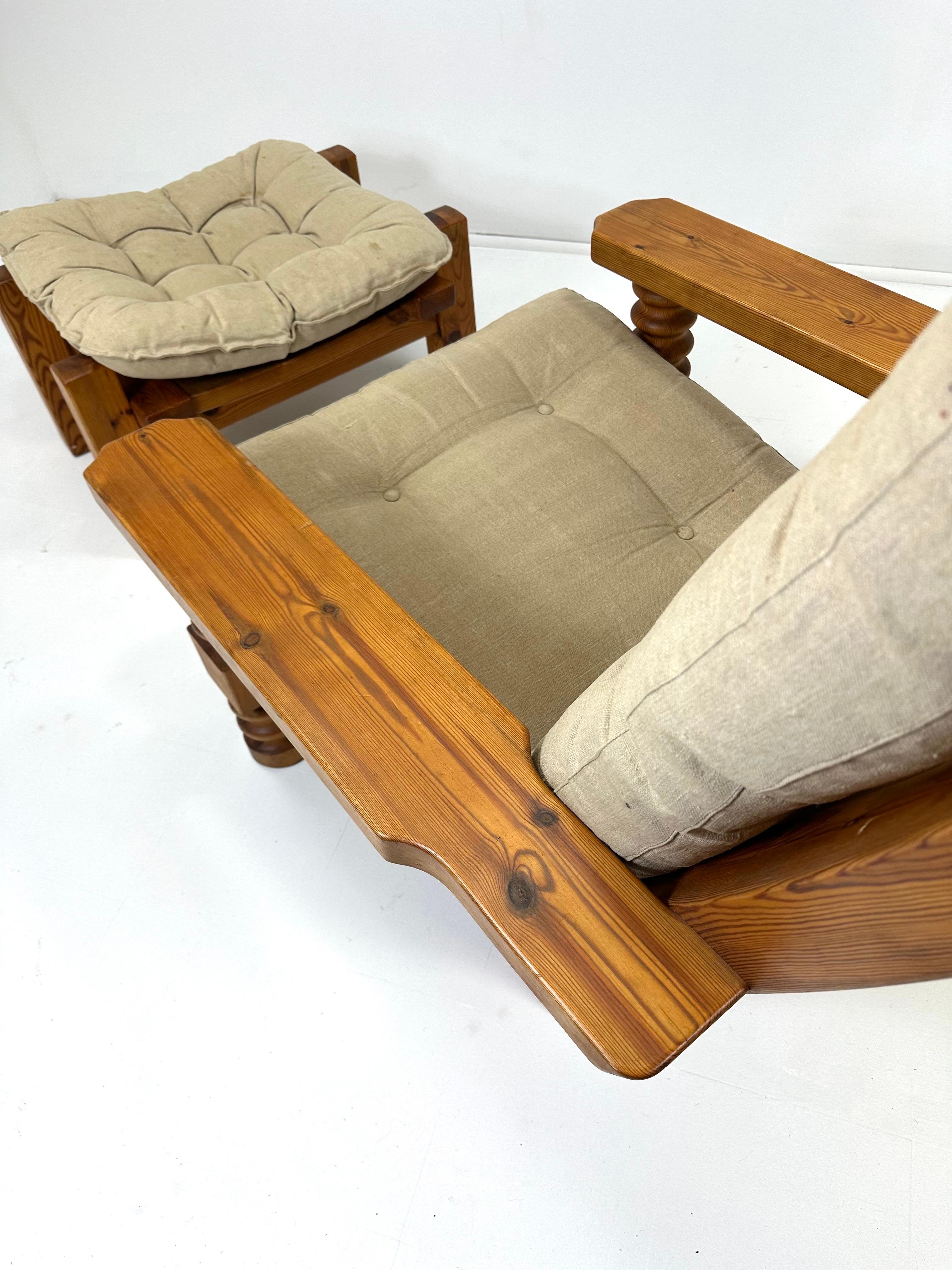 1970s Swedish Pine Chair and Ottoman For Sale 2