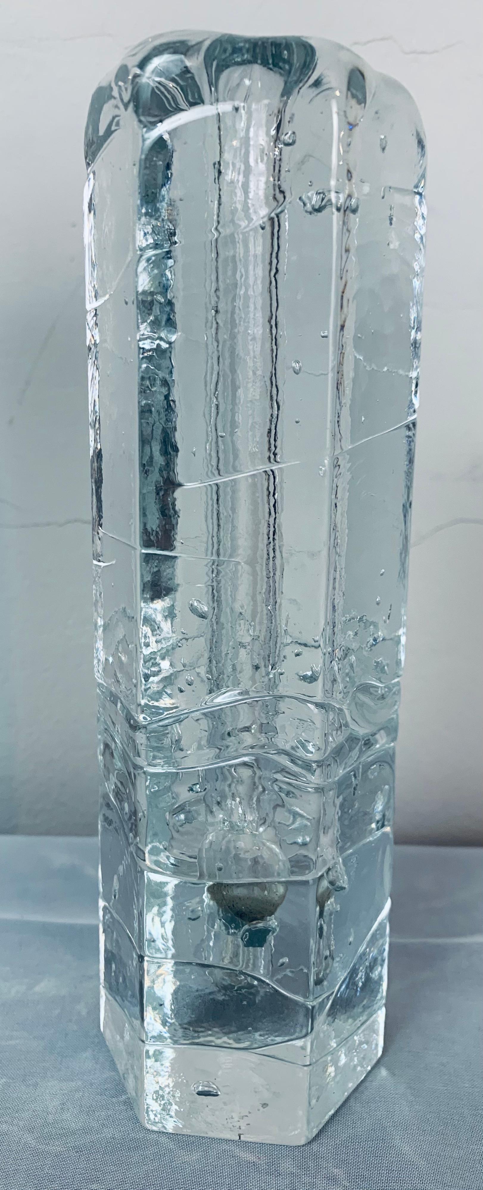 Mid-Century Modern 1970s Swedish Pukeborg Solifleur Bud Hexagonal Iced Glass Vase or Candleholder For Sale