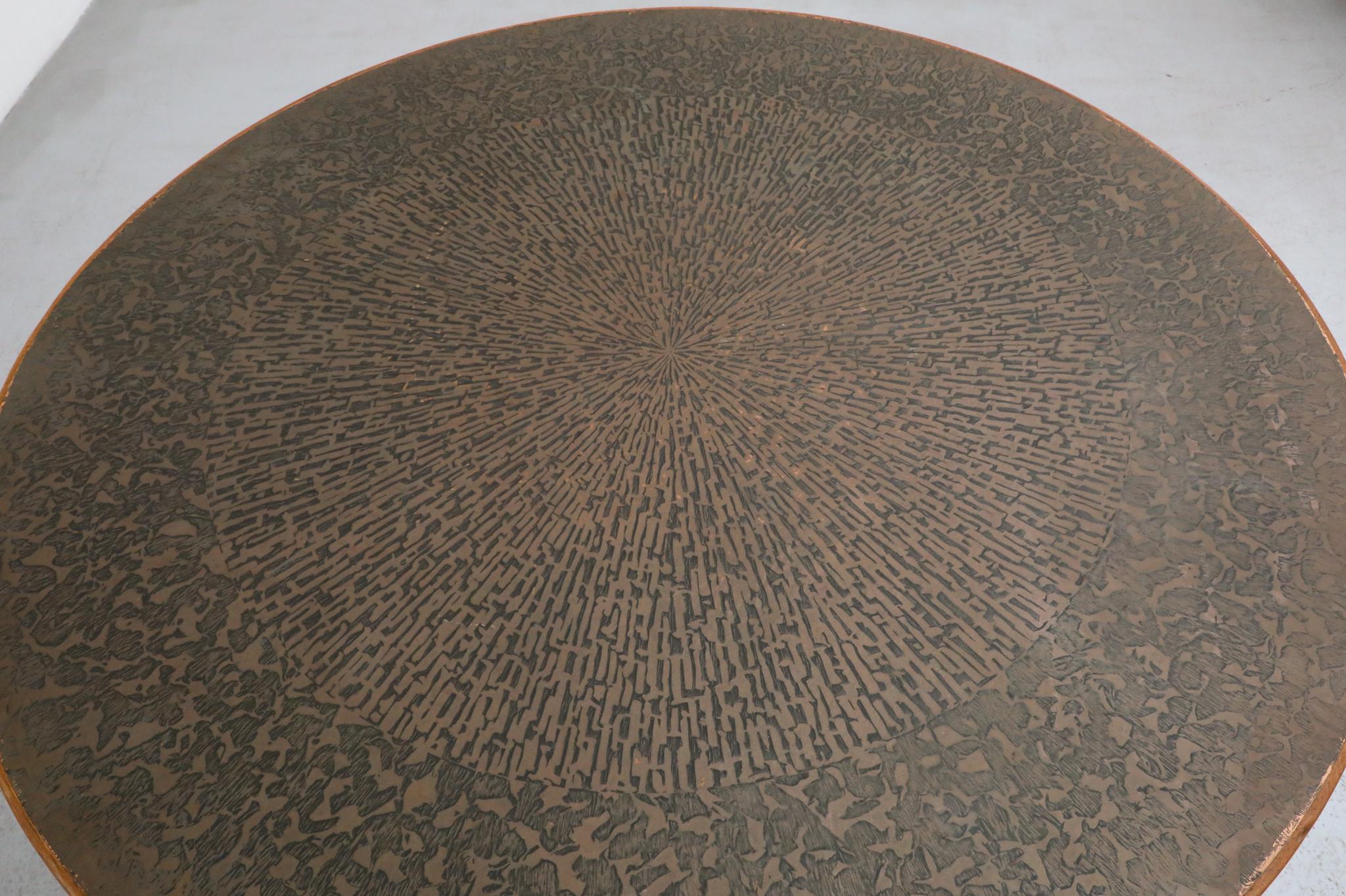 1970s Swedish Round Pedestal Dining Table with Embossed Copper Top & Iron Base For Sale 5
