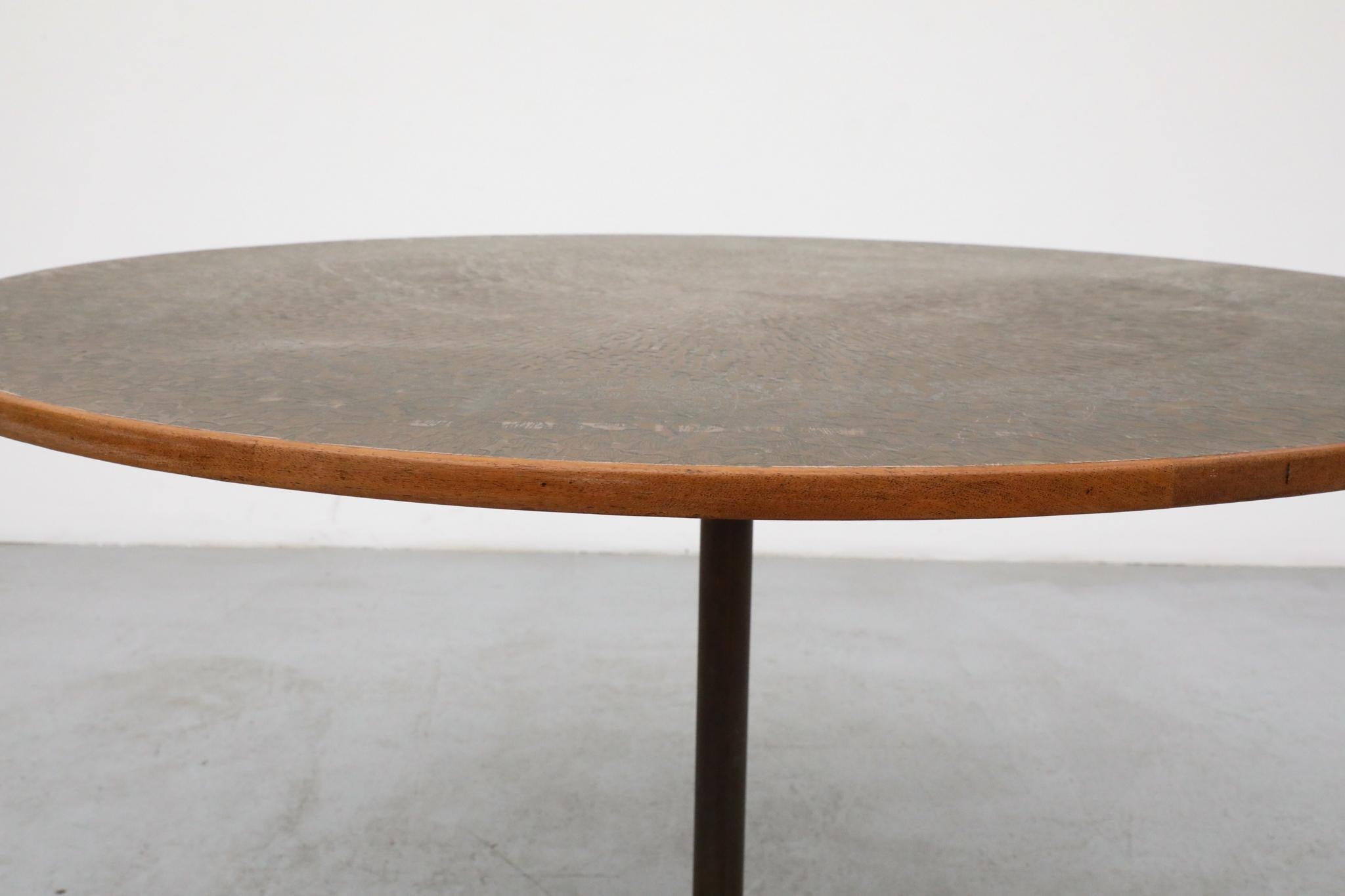 1970s Swedish Round Pedestal Dining Table with Embossed Copper Top & Iron Base For Sale 6