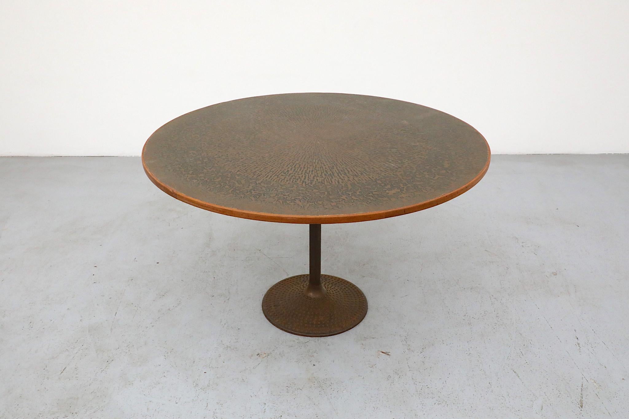 1970s Swedish Round Pedestal Dining Table with Embossed Copper Top & Iron Base For Sale 11