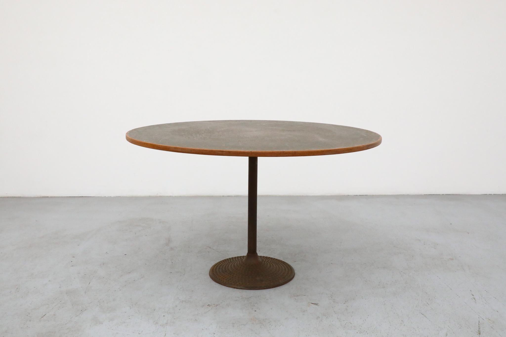 Mid-Century Modern 1970s Swedish Round Pedestal Dining Table with Embossed Copper Top & Iron Base For Sale