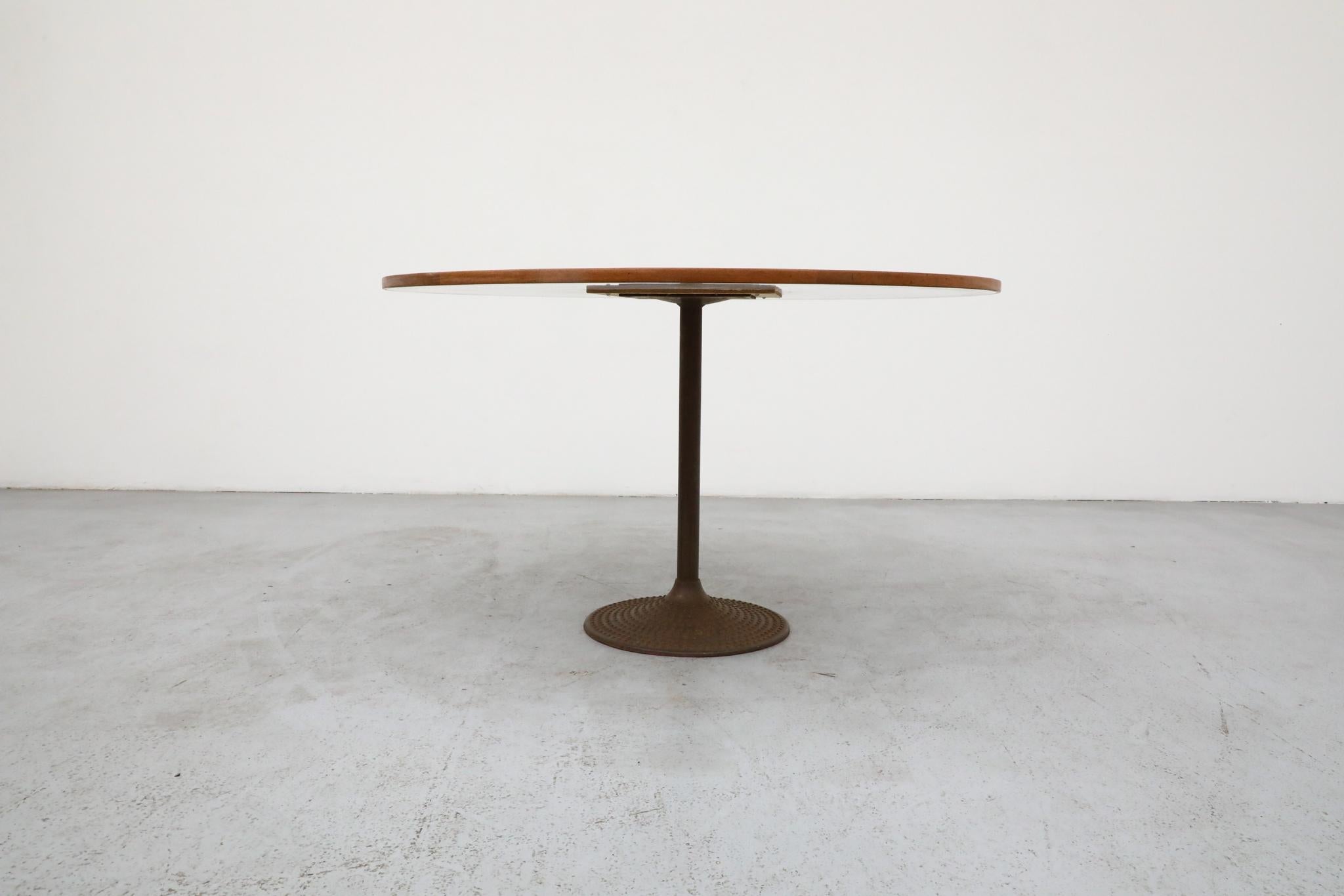 1970s Swedish Round Pedestal Dining Table with Embossed Copper Top & Iron Base In Good Condition For Sale In Los Angeles, CA