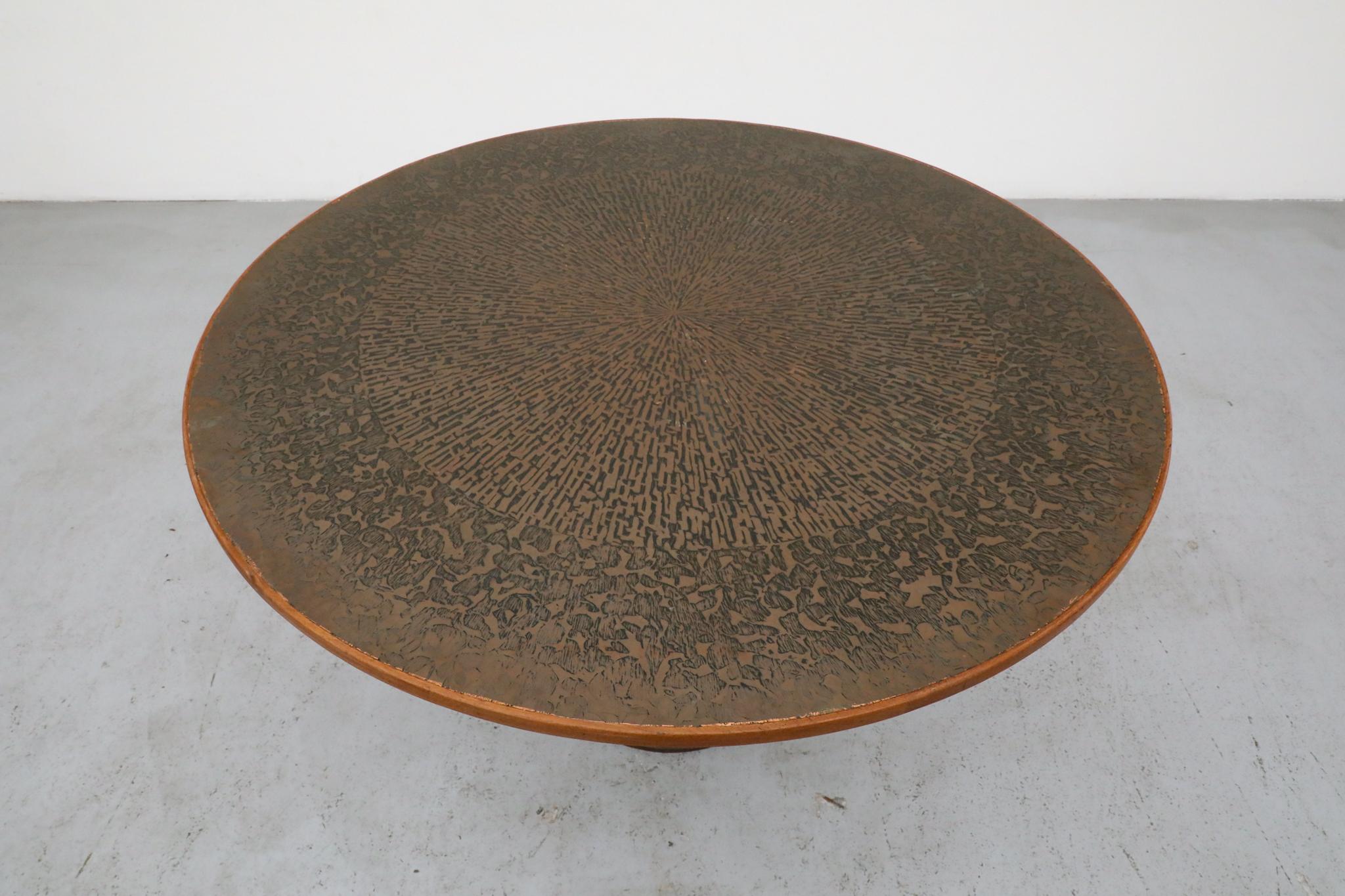 1970s Swedish Round Pedestal Dining Table with Embossed Copper Top & Iron Base For Sale 1
