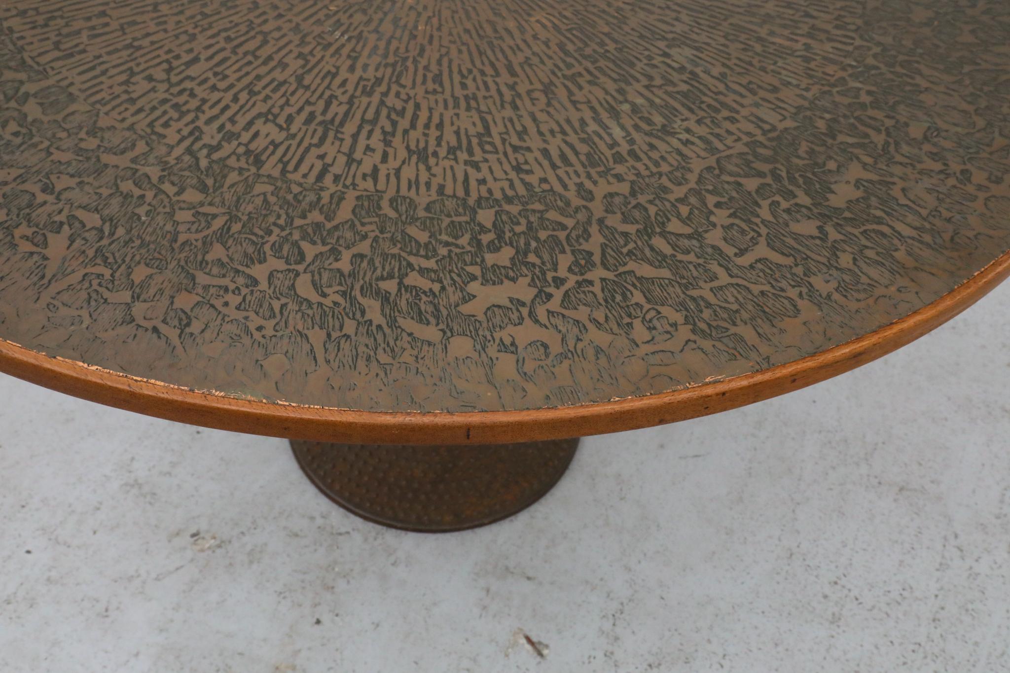 1970s Swedish Round Pedestal Dining Table with Embossed Copper Top & Iron Base For Sale 2
