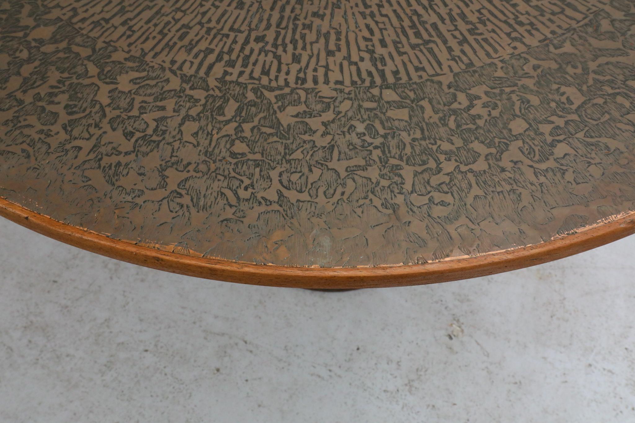 1970s Swedish Round Pedestal Dining Table with Embossed Copper Top & Iron Base For Sale 3