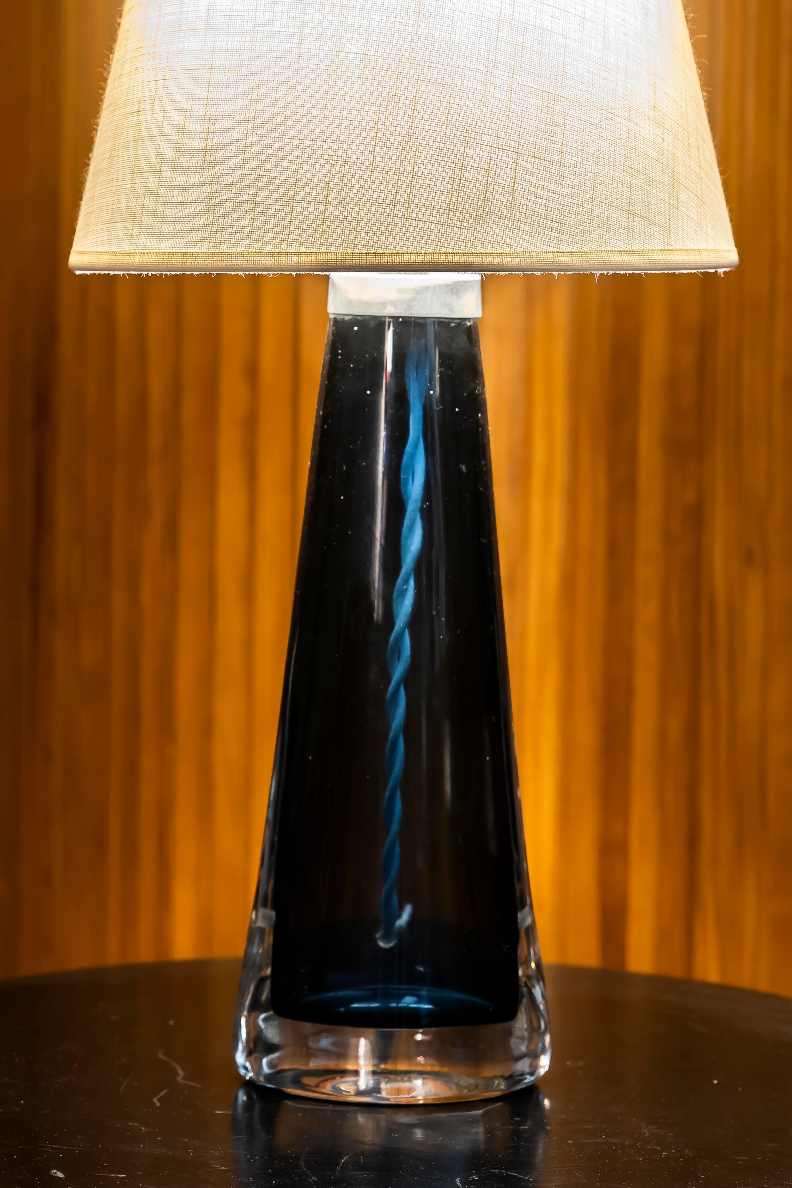 20th Century 1970s Swedish Table Lamp in Blue Glass by Orrefors, Signed For Sale