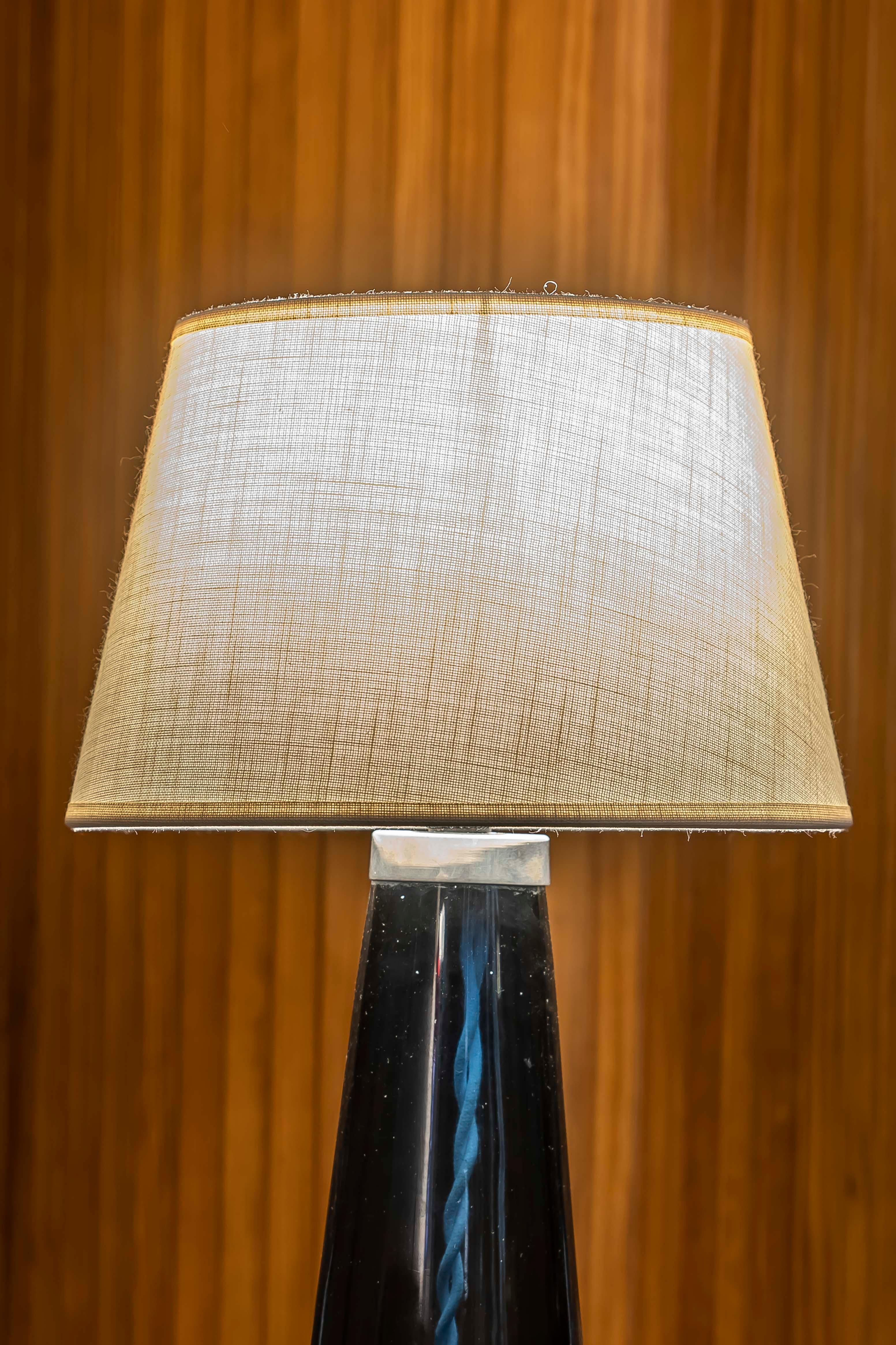 Linen 1970s Swedish Table Lamp in Blue Glass by Orrefors, Signed For Sale