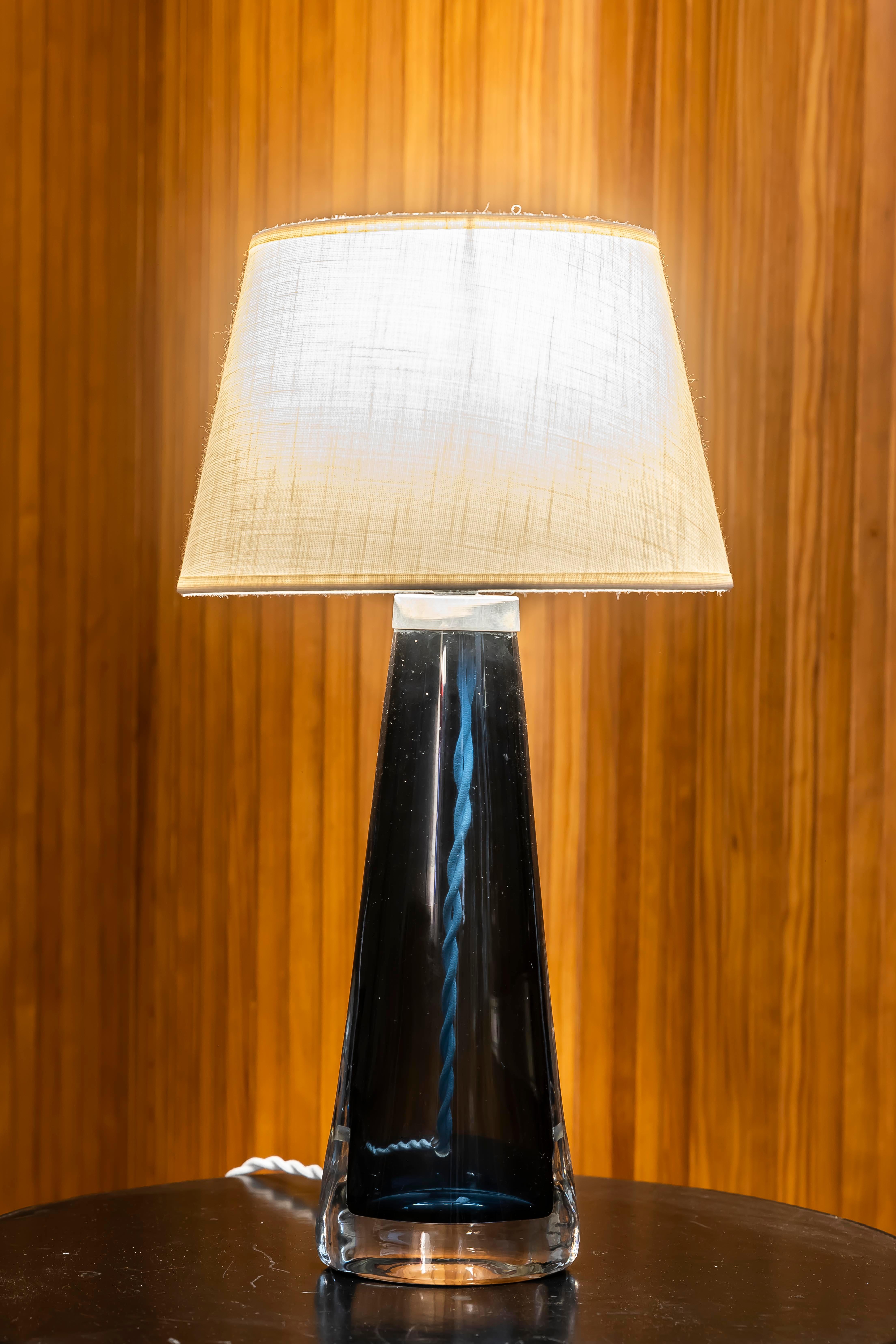 1970s Swedish Table Lamp in Blue Glass by Orrefors, Signed For Sale 1