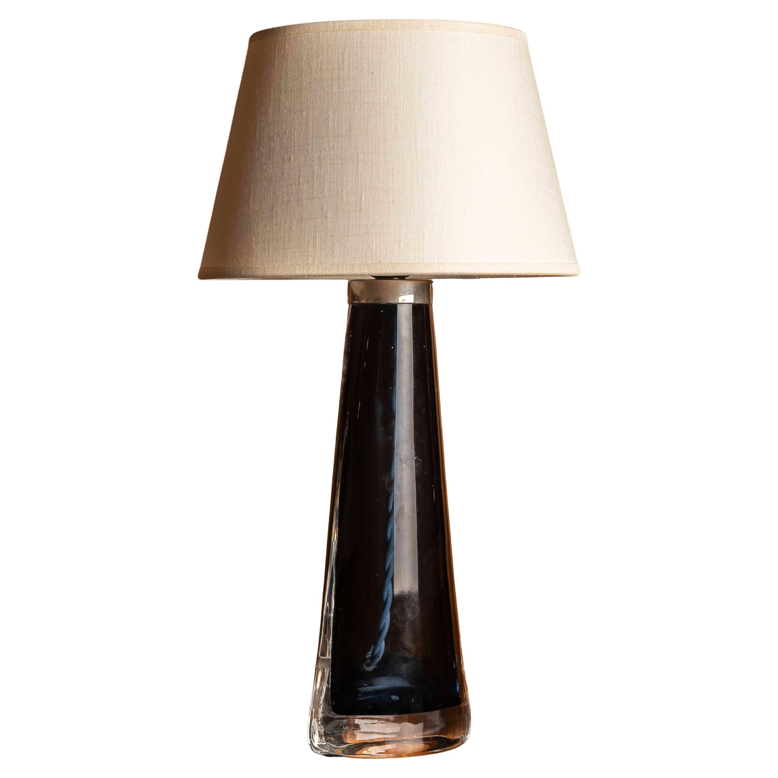 1970s Swedish Table Lamp in Blue Glass by Orrefors, Signed